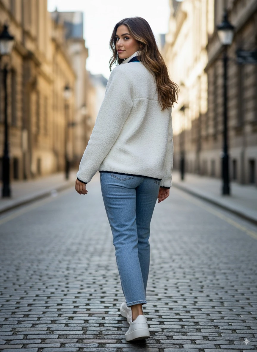 Kadın Sherpa Ceket – Yüksek Yaka Tam Fermuar Yumuşak Dokulu Göğüs Cepli Patch ve Yaka Detaylı