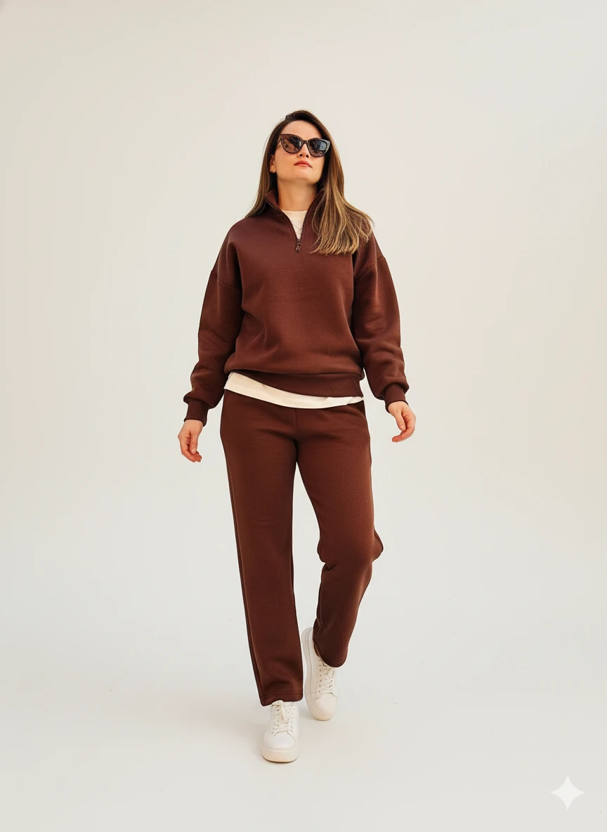 İçi Polar Oversize Kesim Boğaz Fermuarlı 3 İplik Kadın Eşofman Takım - Kahverengi