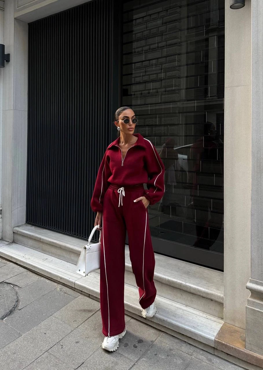 Dinamik Çizgili 3 İplik Crop Sweatshirt ve Geniş Paça Eşofman Takımı - Bordo
