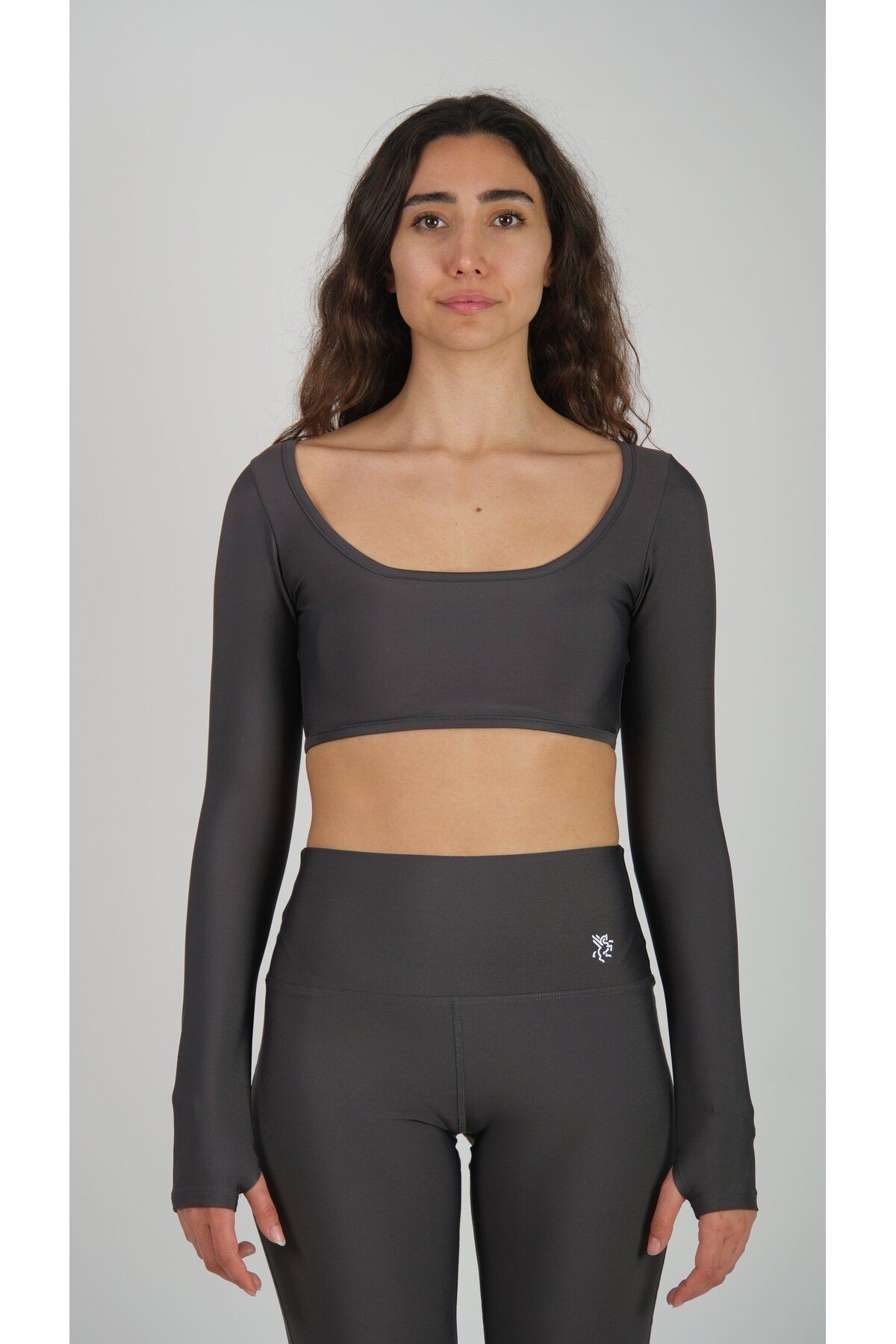 Uzun Kollu Crop Spor Pedli Bluz Long Sleeve Kadın - Gri