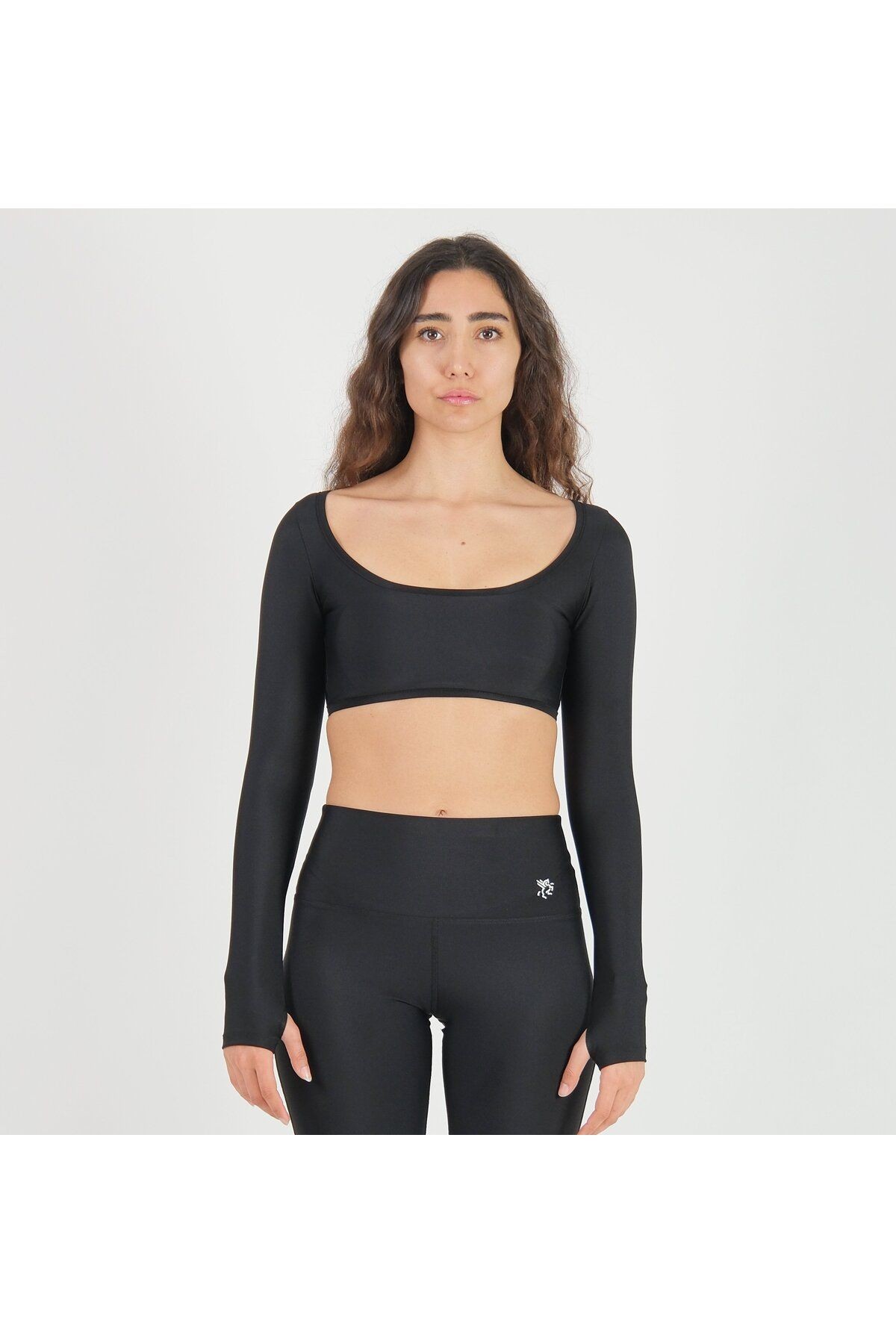 Uzun Kollu Crop Spor Pedli Bluz Long Sleeve Kadın - Siyah