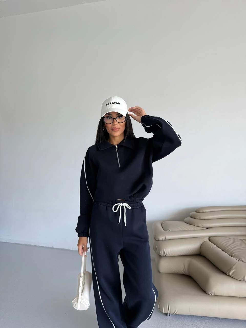 Dinamik Çizgili 3 İplik Crop Sweatshirt ve Geniş Paça Eşofman Takımı