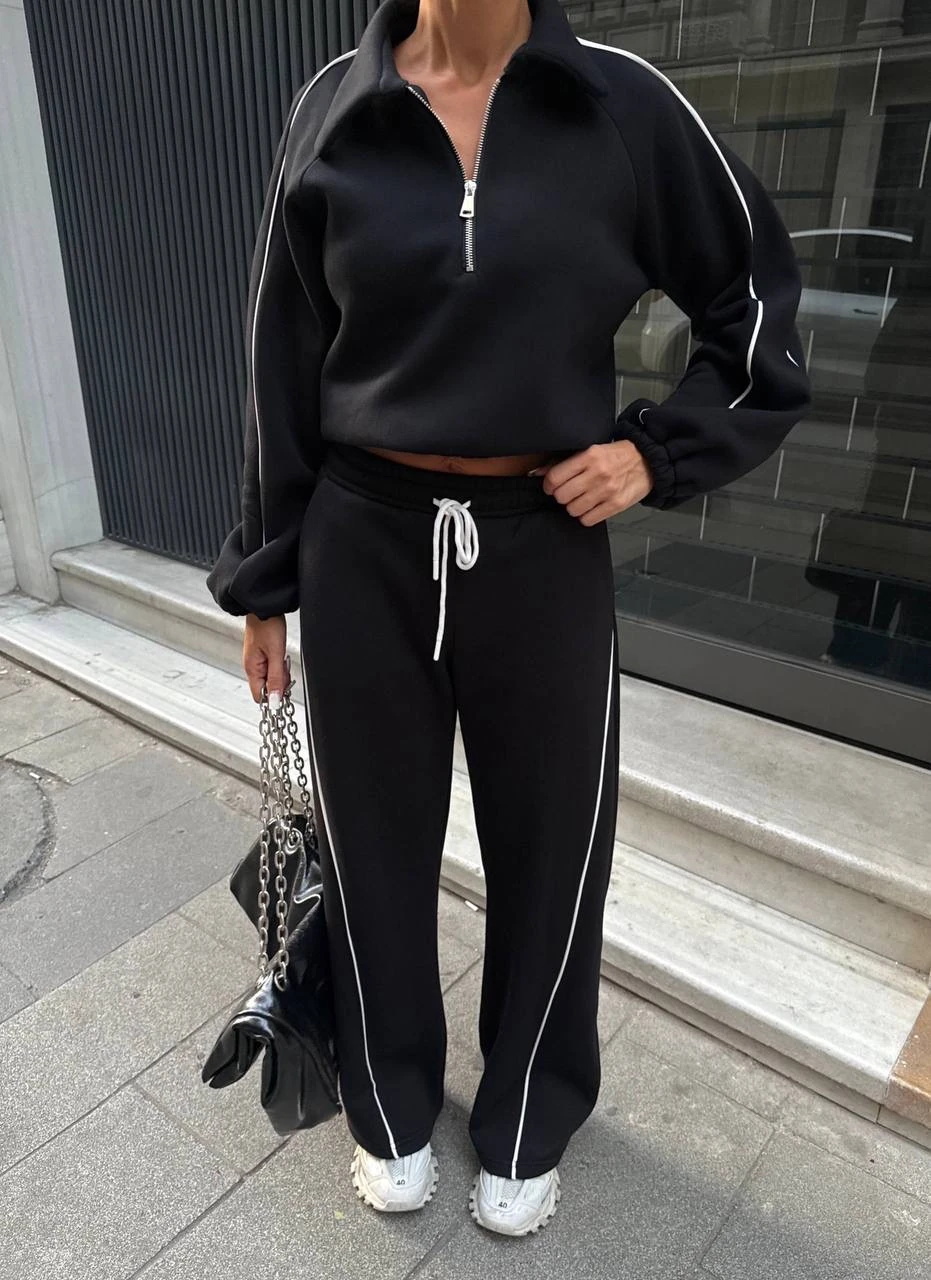 Dinamik Çizgili 3 İplik Crop Sweatshirt ve Geniş Paça Eşofman Takımı