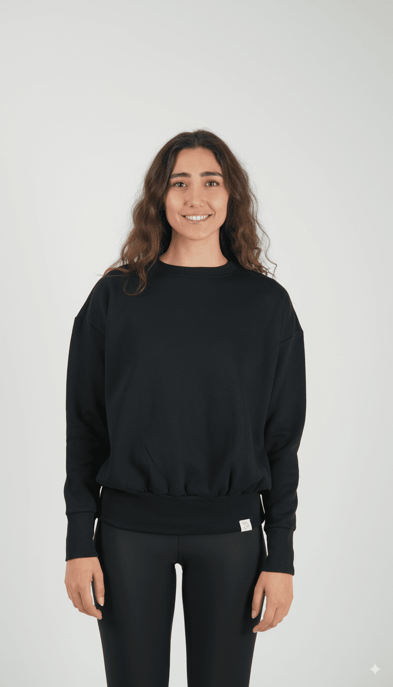 Kadın Bisiklet Yaka Içi Polarlı Oversize Fit Basic Siyah %100 Pamuk Sweatshirt