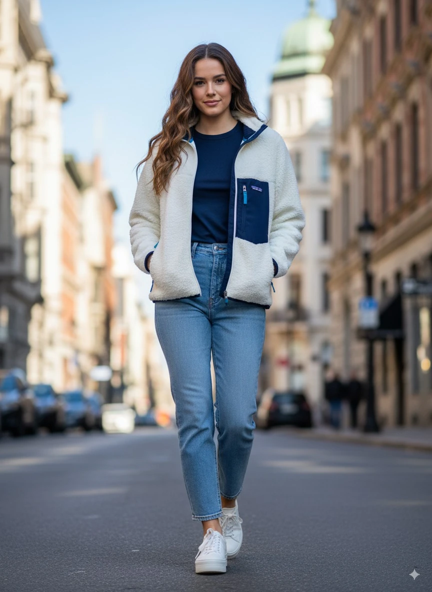 Kadın Sherpa Ceket – Yüksek Yaka Tam Fermuar Yumuşak Dokulu Göğüs Cepli Patch ve Yaka Detaylı