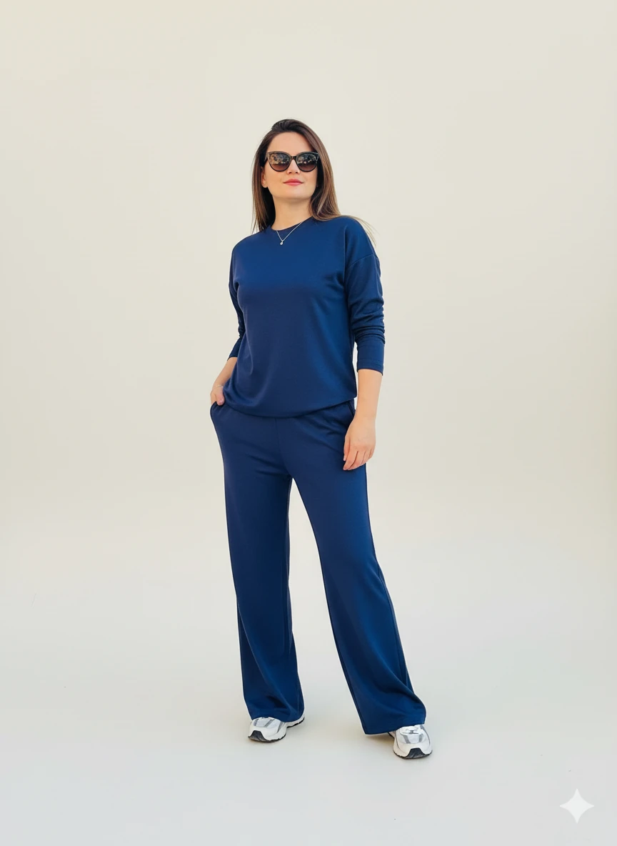 Kadın Modal Takım Alt Üst Geniş Paça Oversize Kesim Şık Günlük Kullanım  - Lacivert