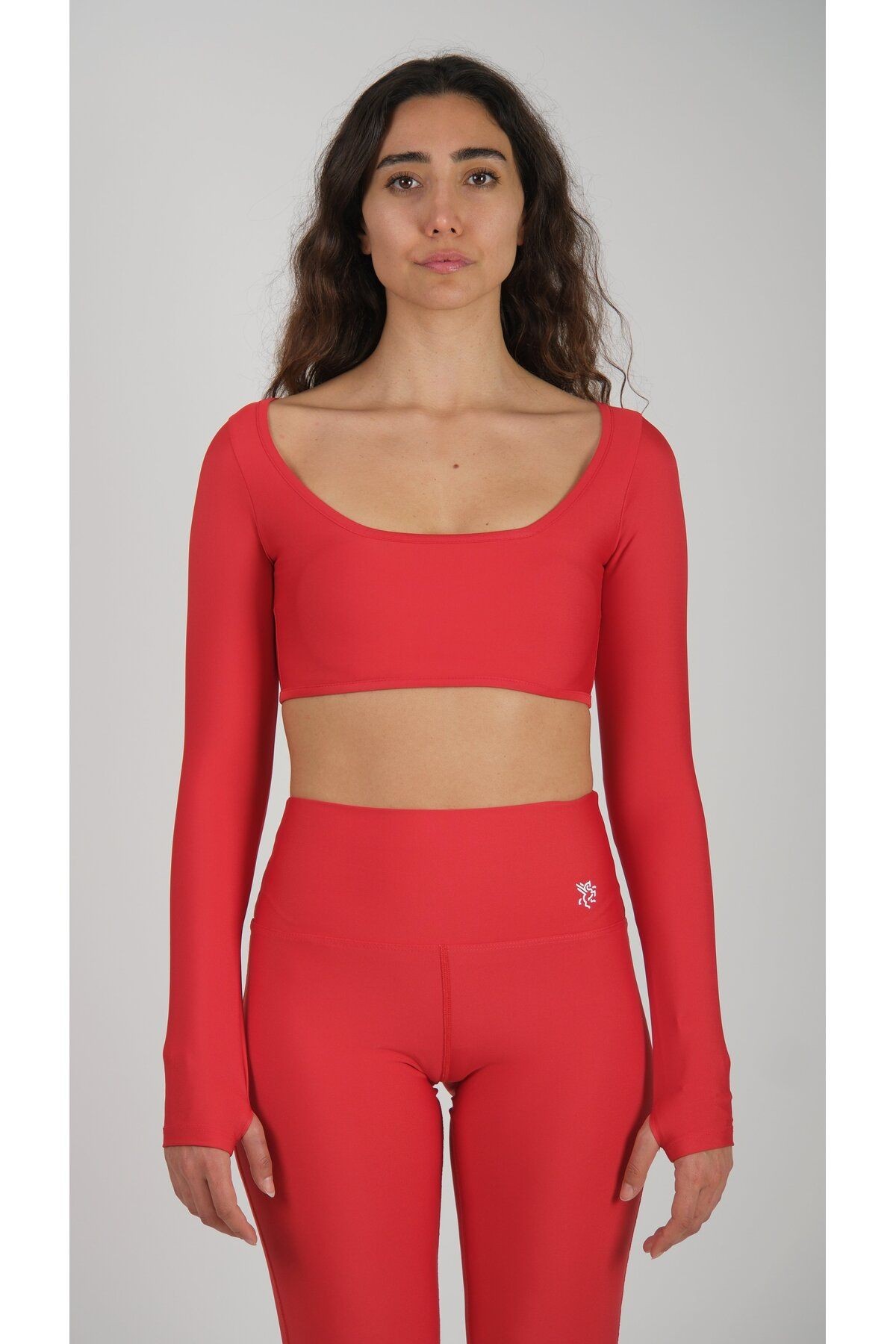 Uzun Kollu Crop Spor Pedli Bluz Long Sleeve Kadın - Kırmızı