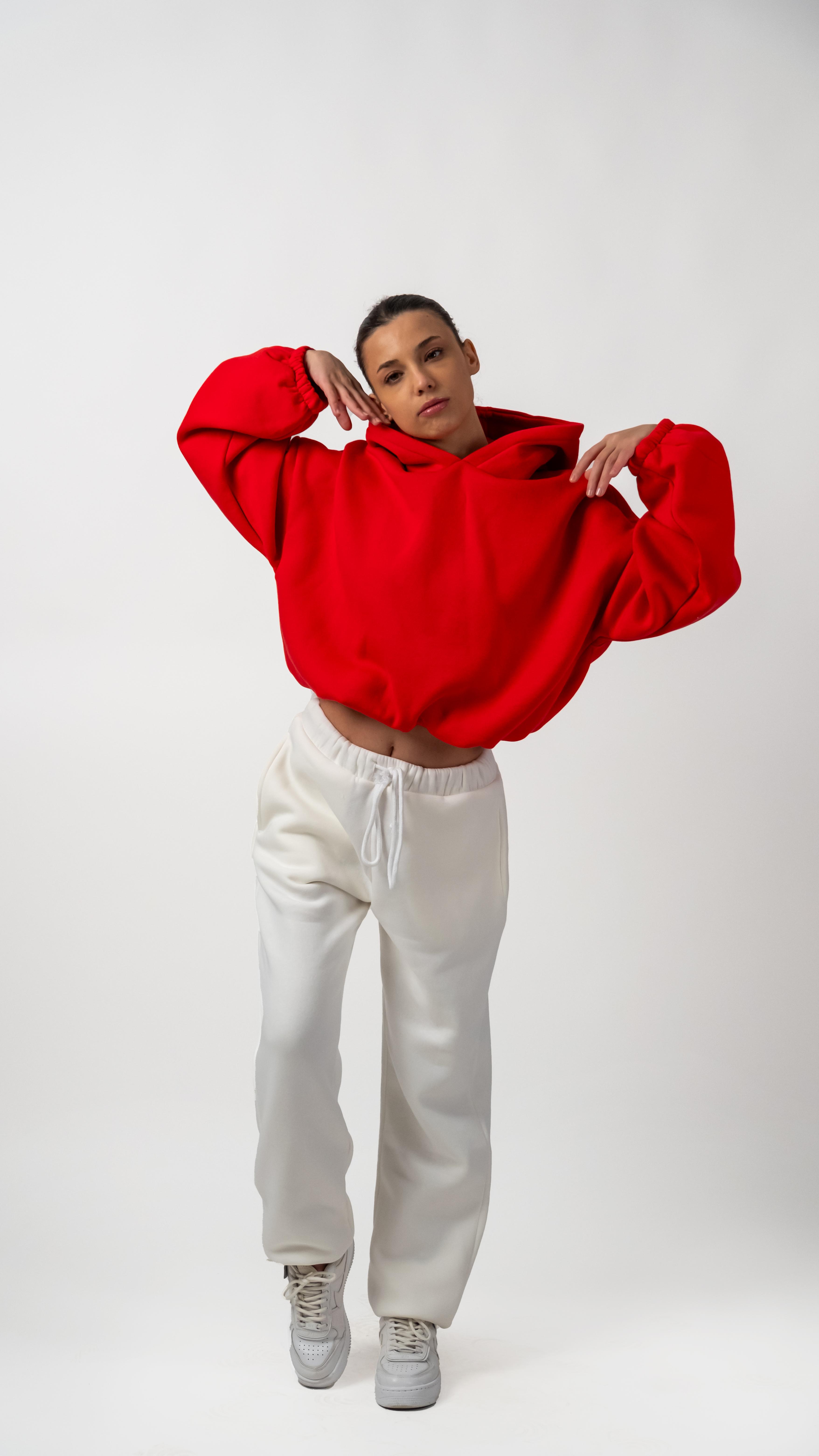 3 İplik İçi Polarlı Yumuşacık Oversize Kadın Crop Sweatshirt - Mercan