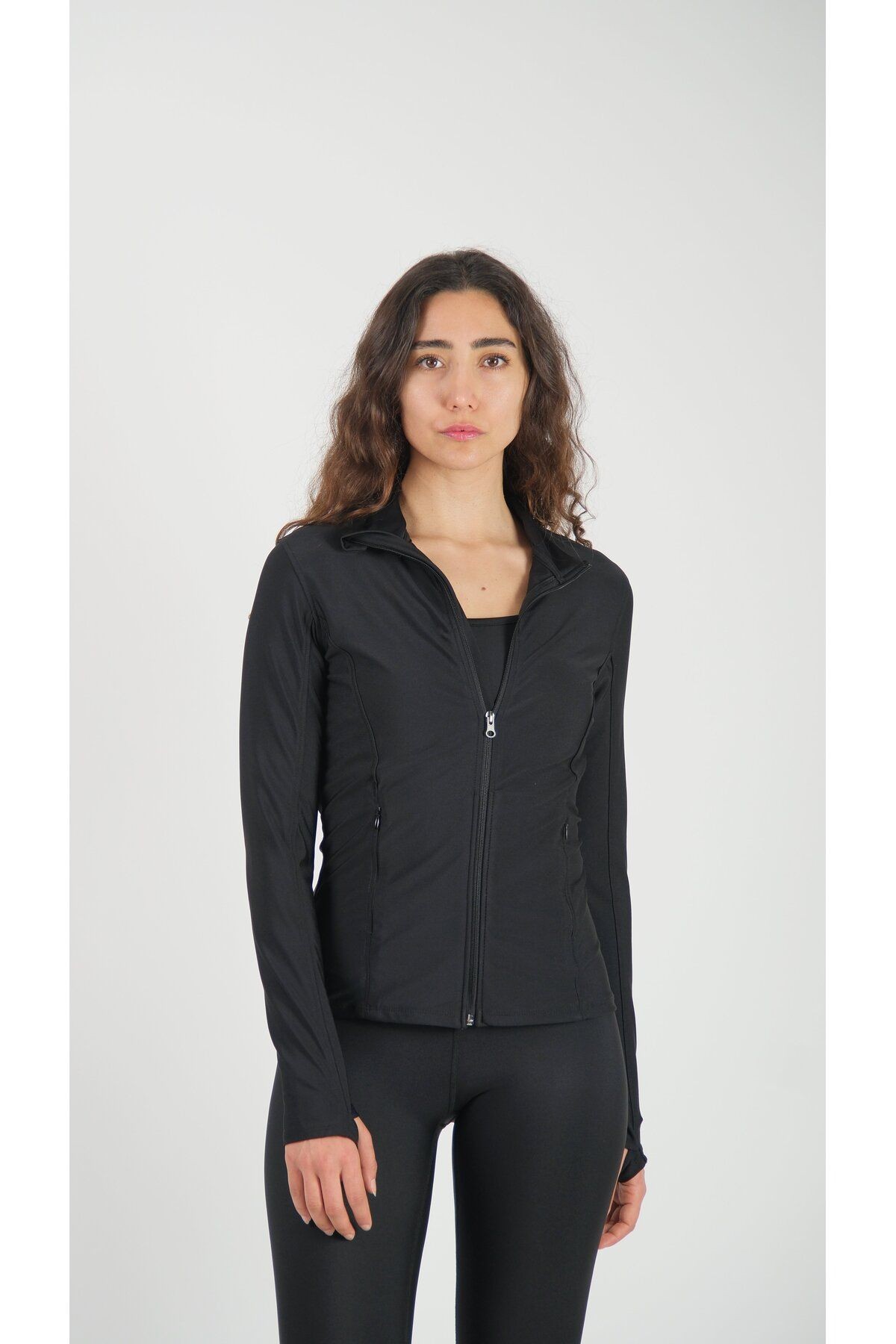 Fermuarlı Çift Cepli Parmak Geçmeli Slim Fit Spor Ceketi Gri