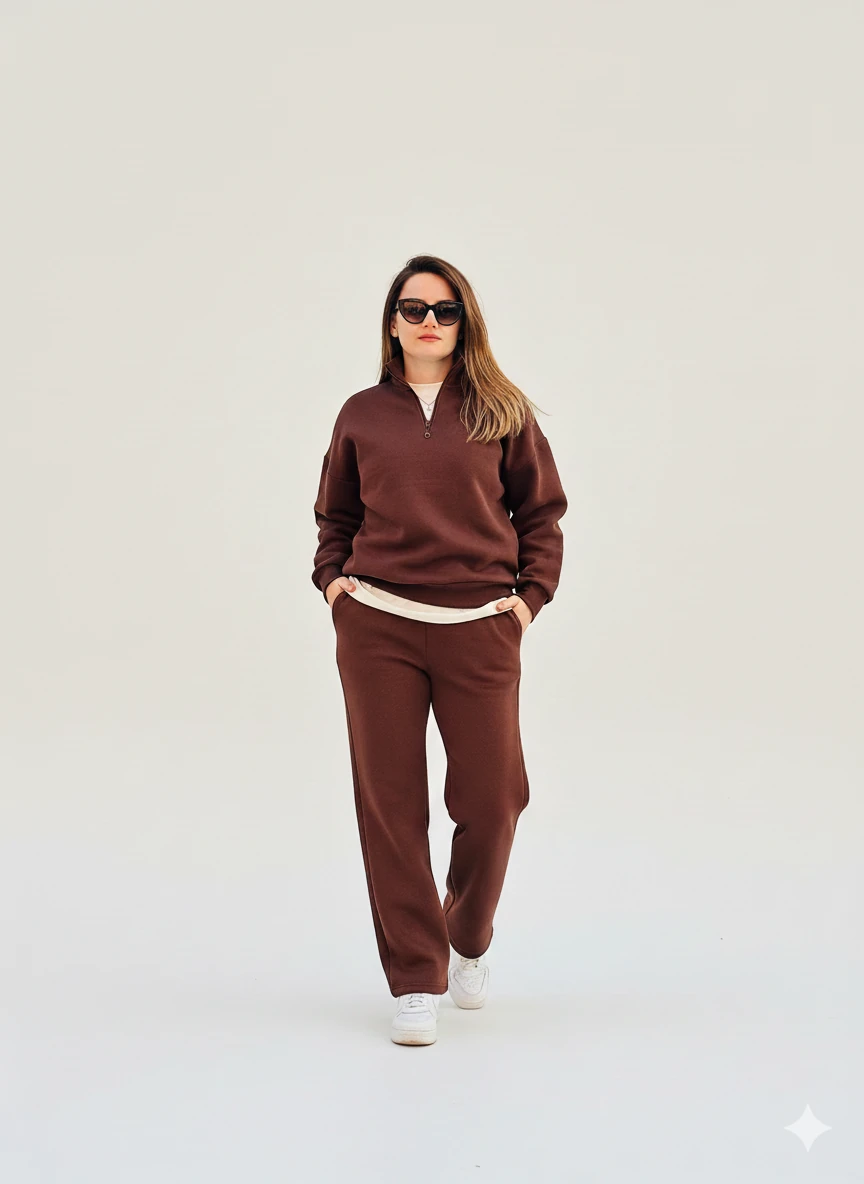 İçi Polar Oversize Kesim Boğaz Fermuarlı 3 İplik Kadın Eşofman Takım