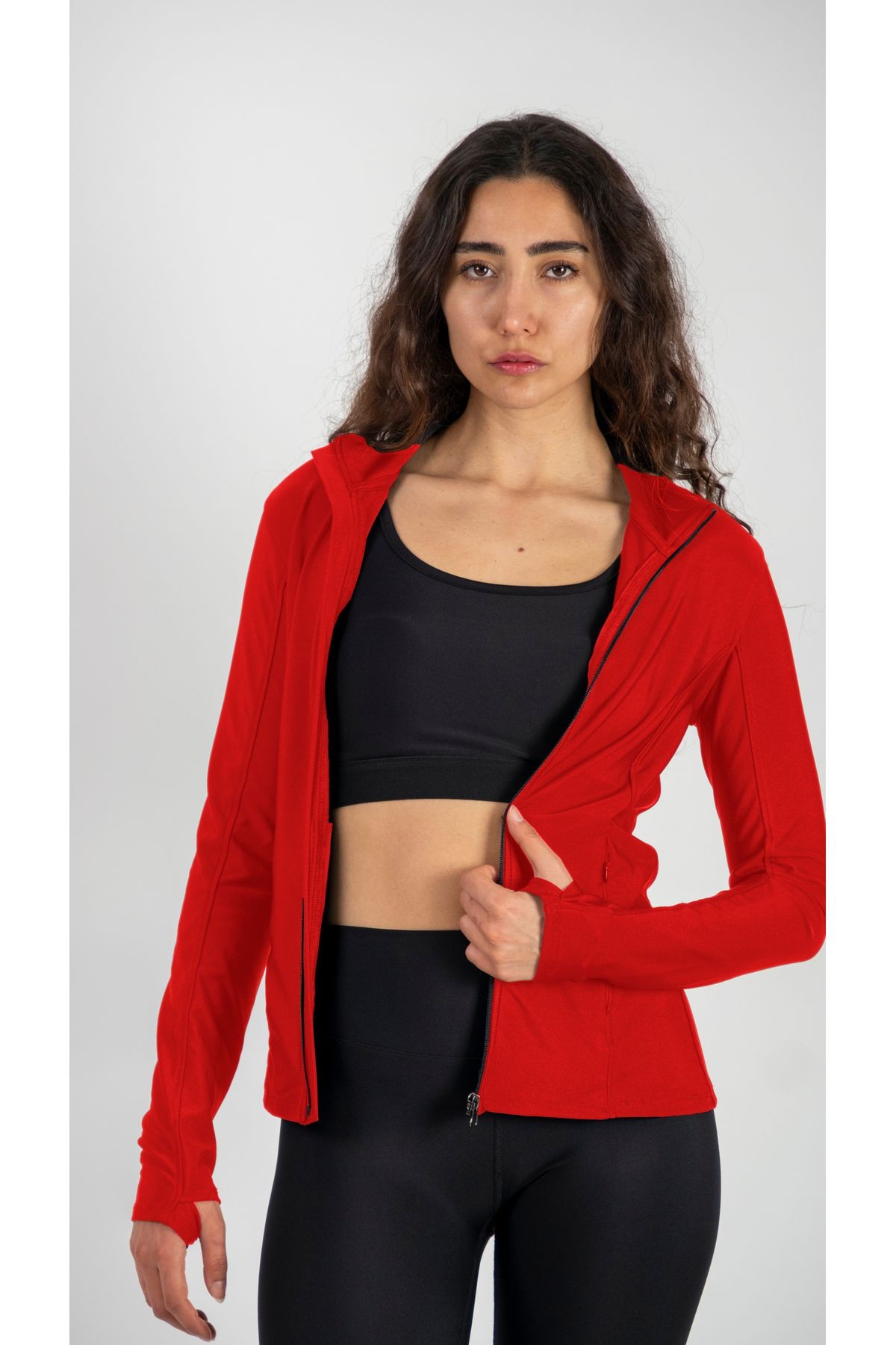 Fermuarlı Çift Cepli Parmak Geçmeli Slim Fit Spor Ceketi Gri - Kırmızı