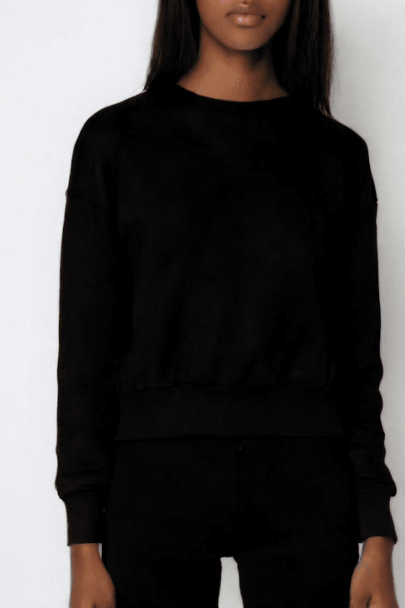 Kadın Bisiklet Yaka Içi Polarlı Oversize Fit Basic Siyah %100 Pamuk Sweatshirt