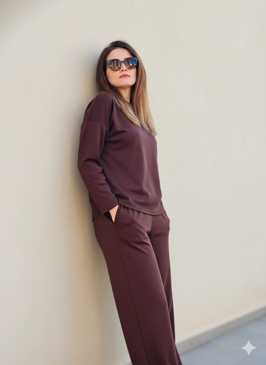 Kadın Modal Takım Alt Üst Geniş Paça Oversize Kesim Şık Günlük Kullanım  - Kahverengi