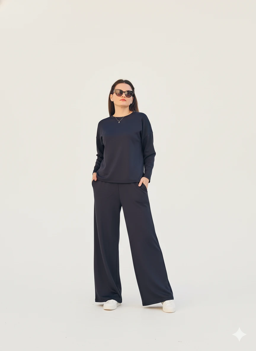 Kadın Modal Takım Alt Üst Geniş Paça Oversize Kesim Şık Günlük Kullanım  - Antrasit