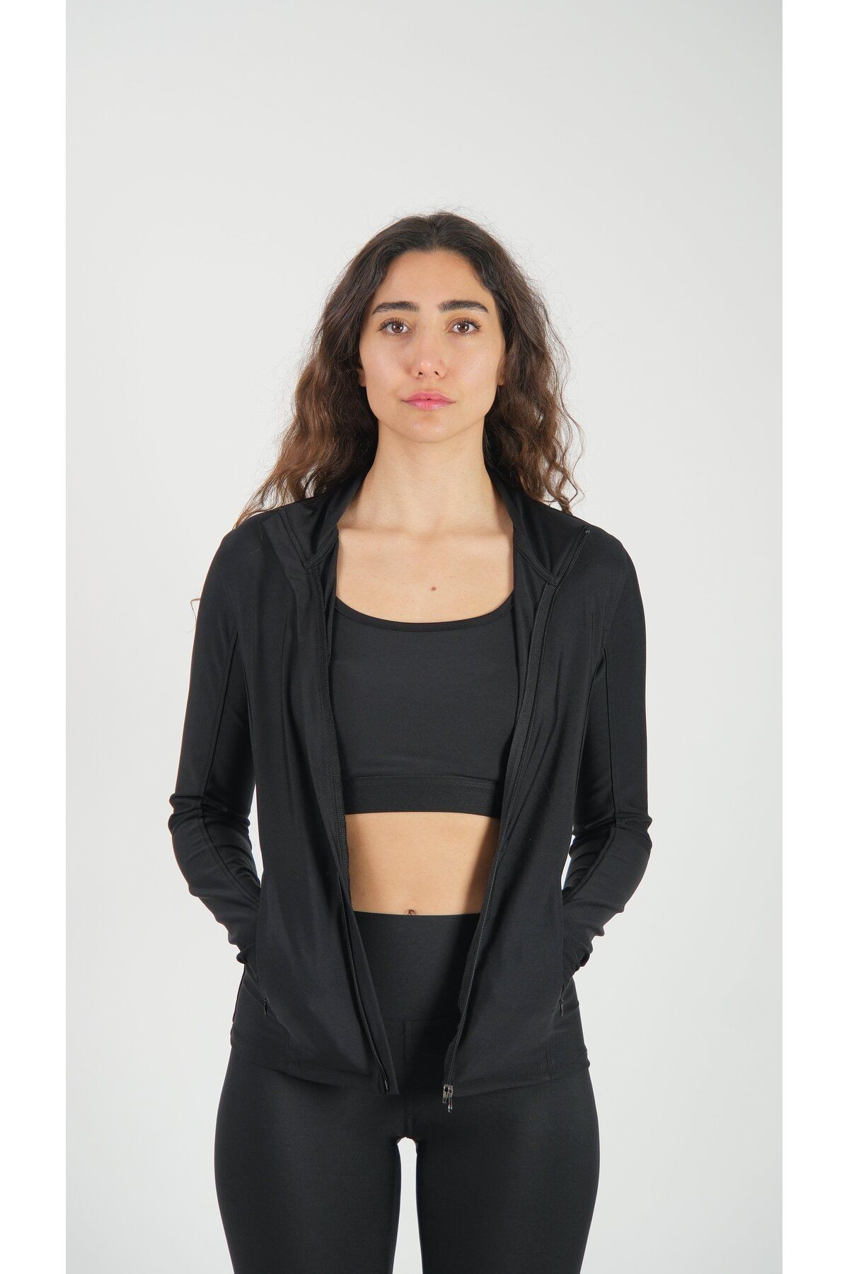 Fermuarlı Çift Cepli Parmak Geçmeli Slim Fit Spor Ceketi Gri - Siyah