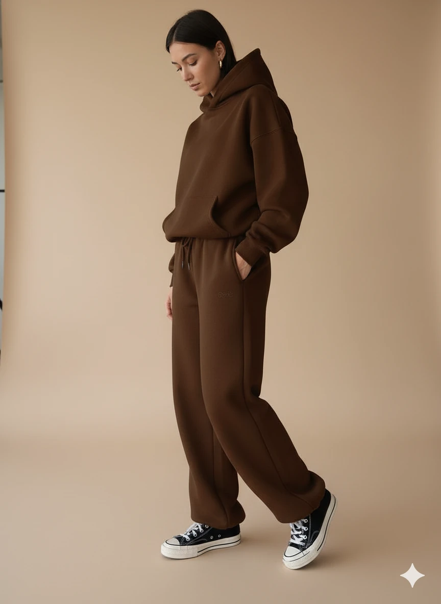 Zamansız Şıklıkta Kadın Oversize Hoodie ve Eşofman Takımı - Kahverengi