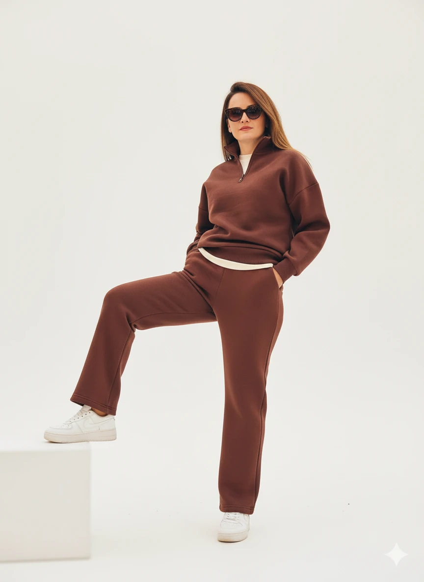 İçi Polar Oversize Kesim Boğaz Fermuarlı 3 İplik Kadın Eşofman Takım