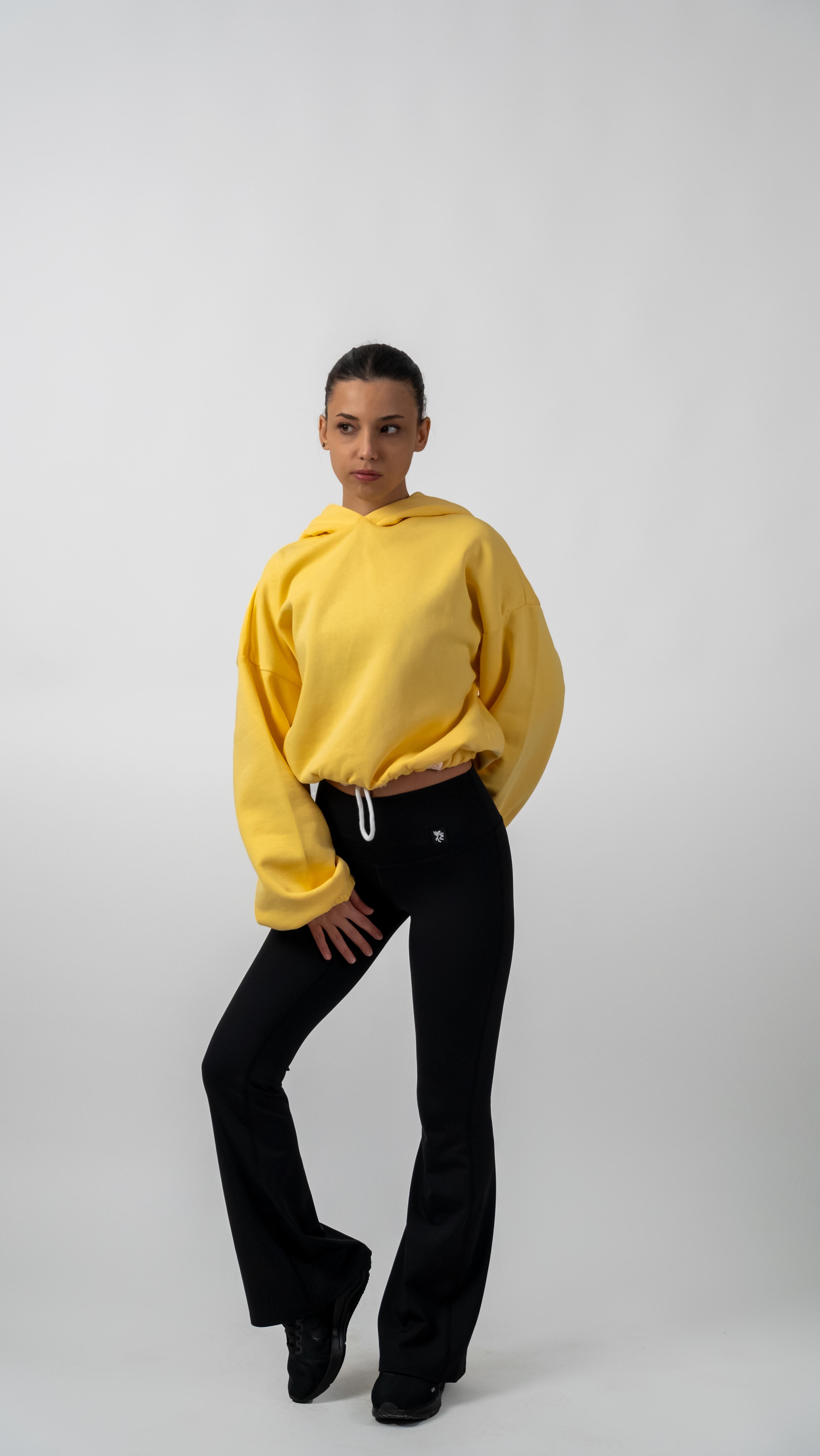 3 İplik İçi Polarlı Yumuşacık Oversize Kadın Crop Sweatshirt - Sarı