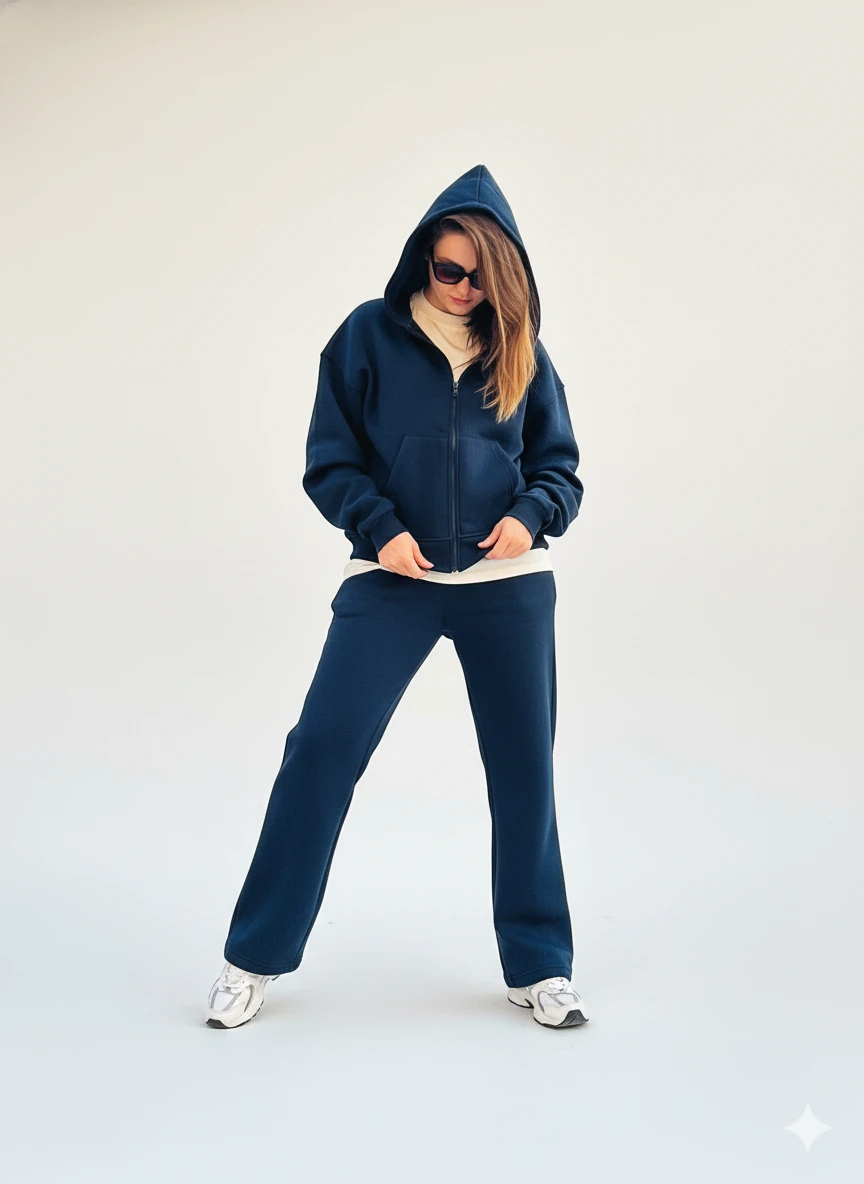 İçi Polar Oversize Kesim Kapüşonlu Fermuarlı 3 İplik Kadın Eşofman Takımı - Lacivert