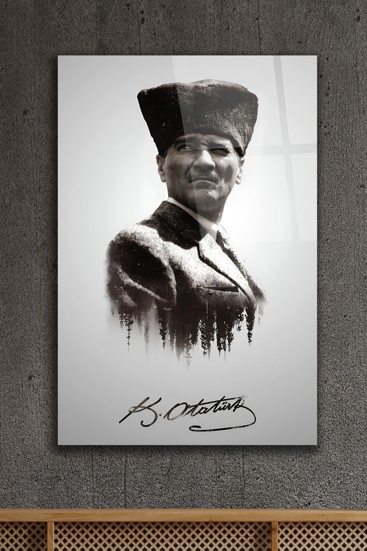 Atatürk Portre Mustafa Kemal Atatürk Imzali Dikdörtgen Cam Tablo