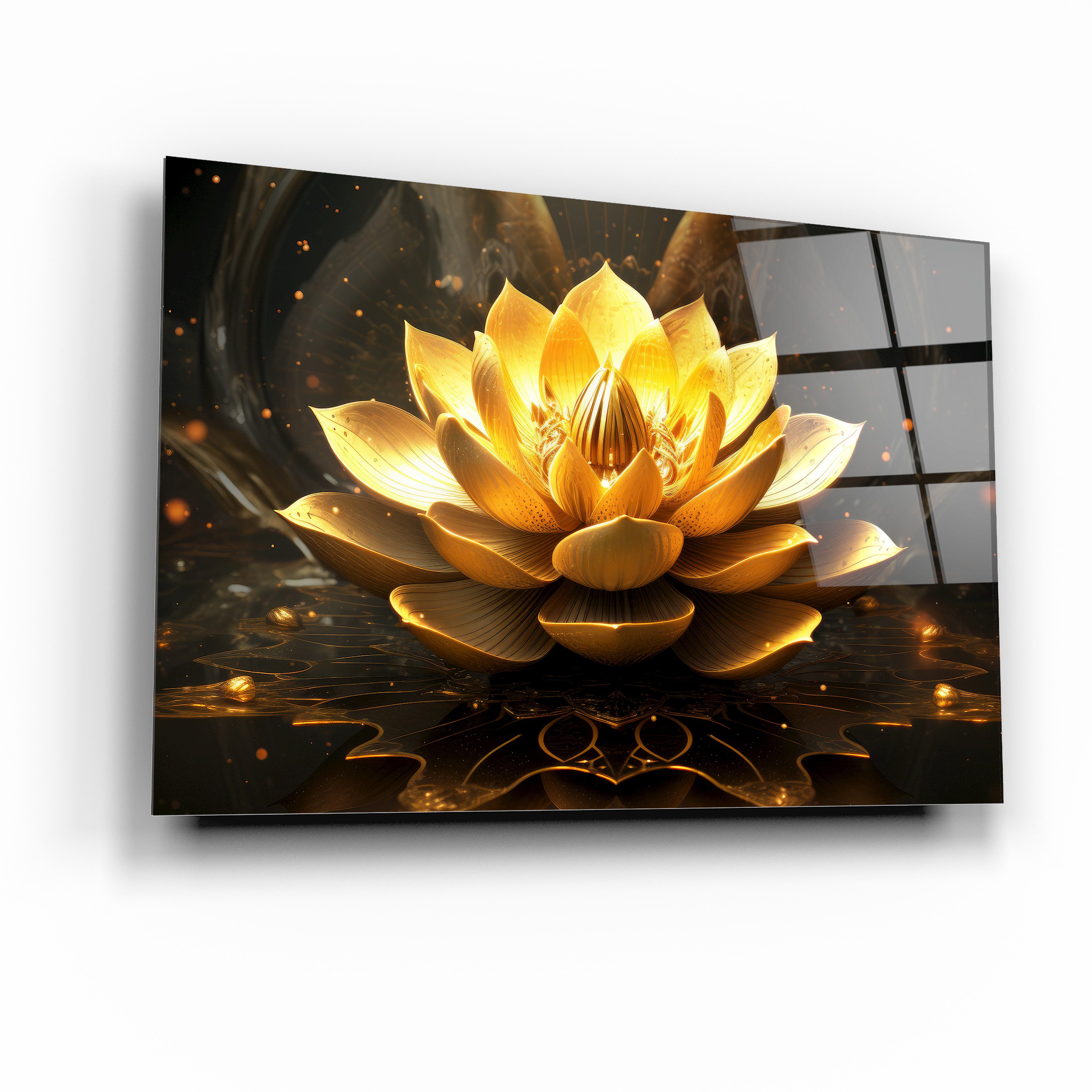 Altın Lotus Çiçeği Dekoratif Yatay Cam Tablo