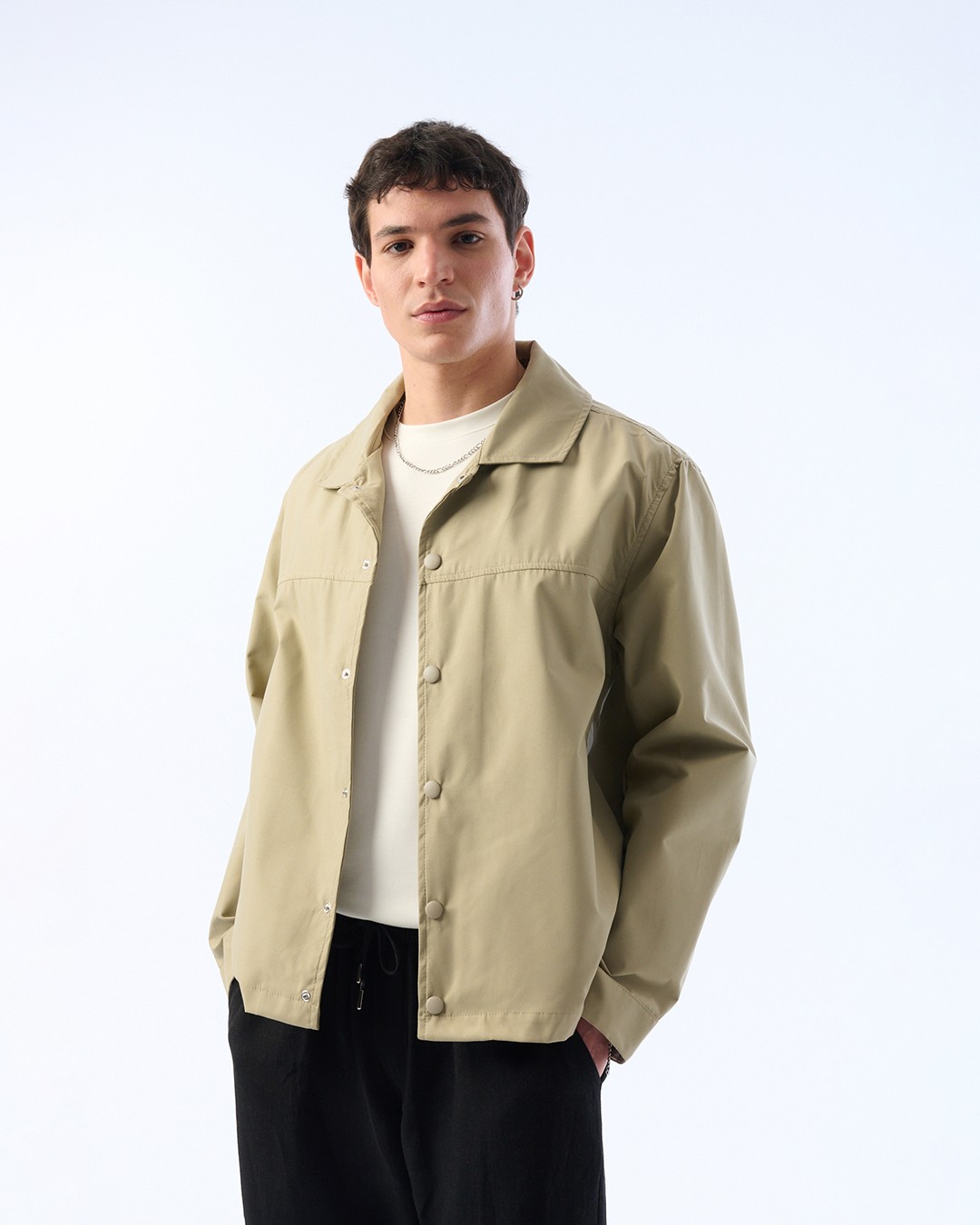 Erkek Oversize Kesim İnce Ceket, Çıtçıt Detaylı, Trenç Kumaş, Su İtici Kumaş - Haki