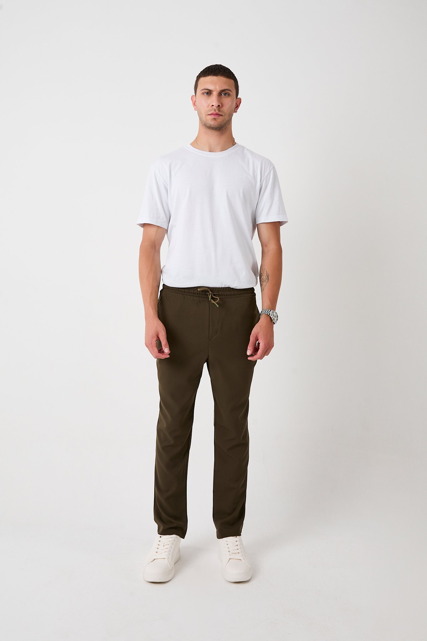 Erkek Regular Kesim Pantolon, Belden Lastik Detaylı, Double Dokuma - Haki