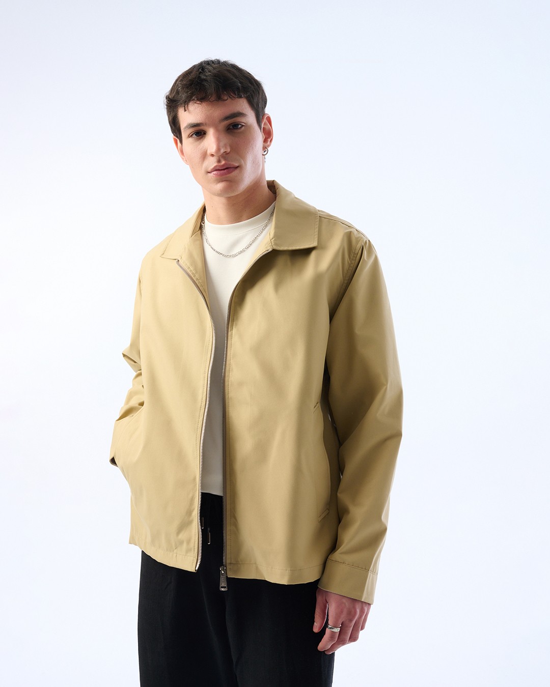Erkek Oversize Kesim İnce Ceket, fermuar Detaylı, Trenç Kumaş, Su İtici Kumaş - krem