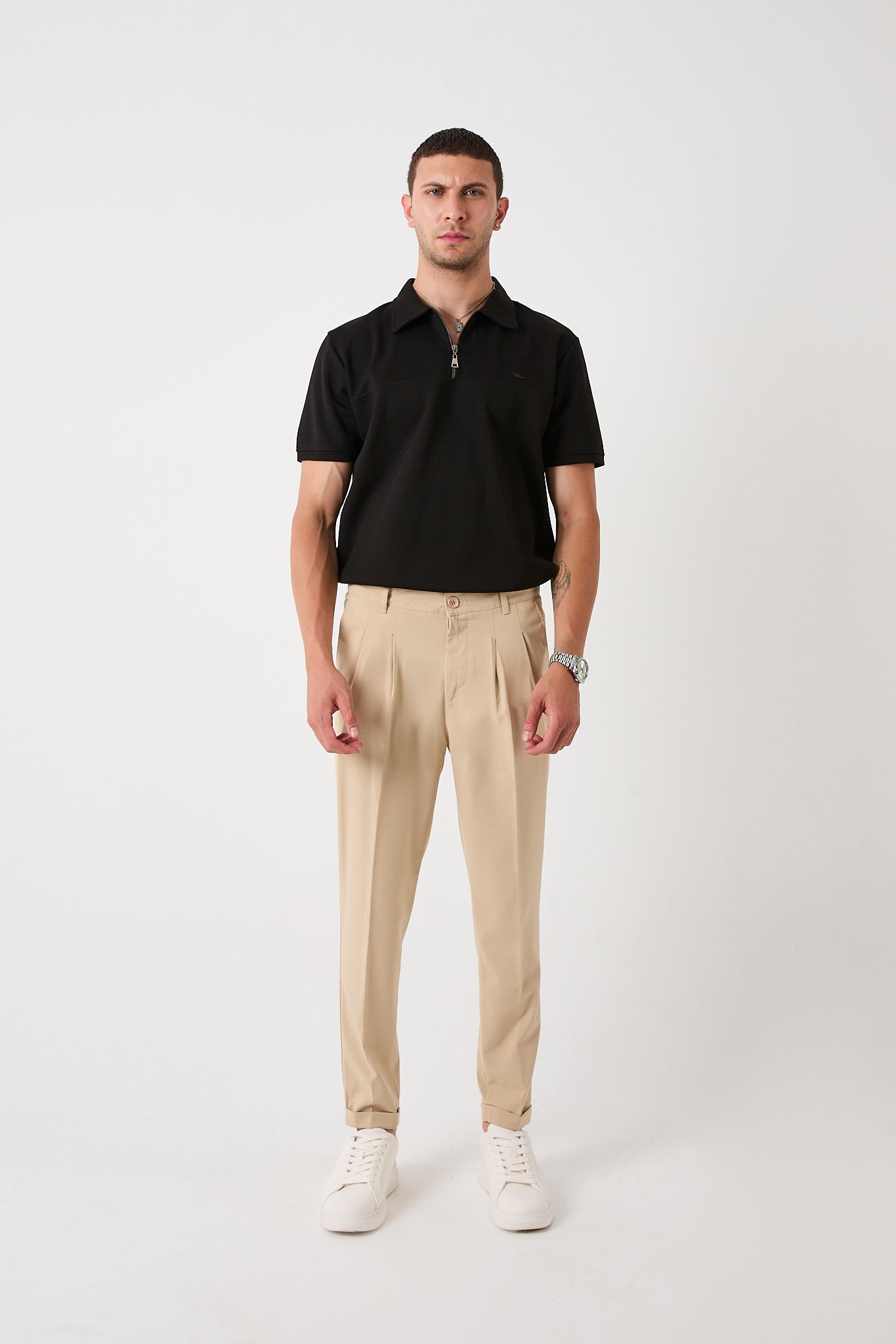 Erkek Slim Fit Pantolon, Bez Ayağı Kumaş, Double Paça Katlamalı - krem