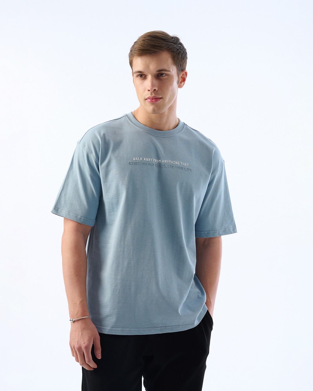 Erkek Oversize Boxyfit Kesim,Yazı Detaylı Baskı, 30/2 Supreme Tişört - Mavi