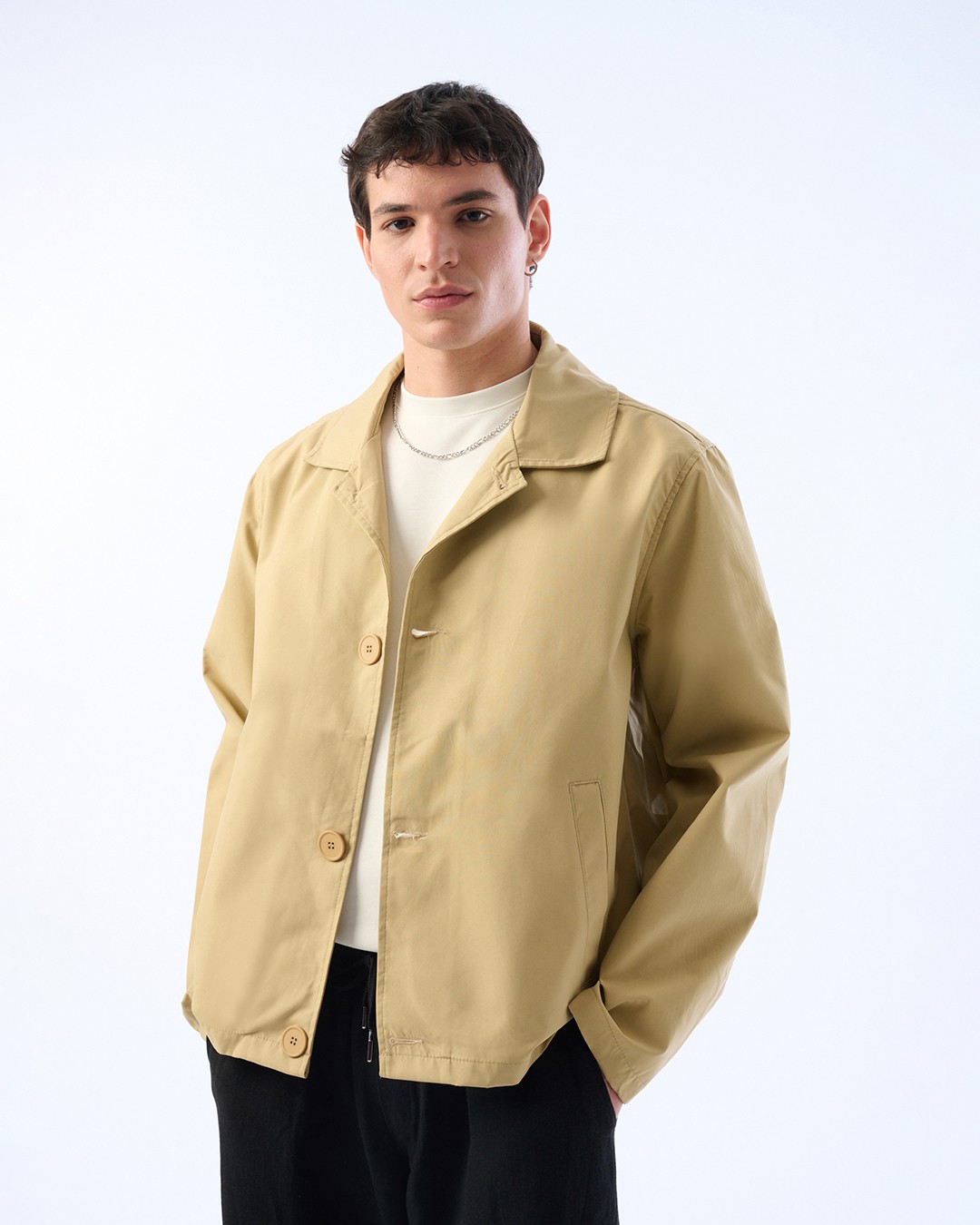 Erkek Oversize Kesim İnce Ceket, Düğme Detaylı, Trenç Ceket, Su İtici Kumaş - krem