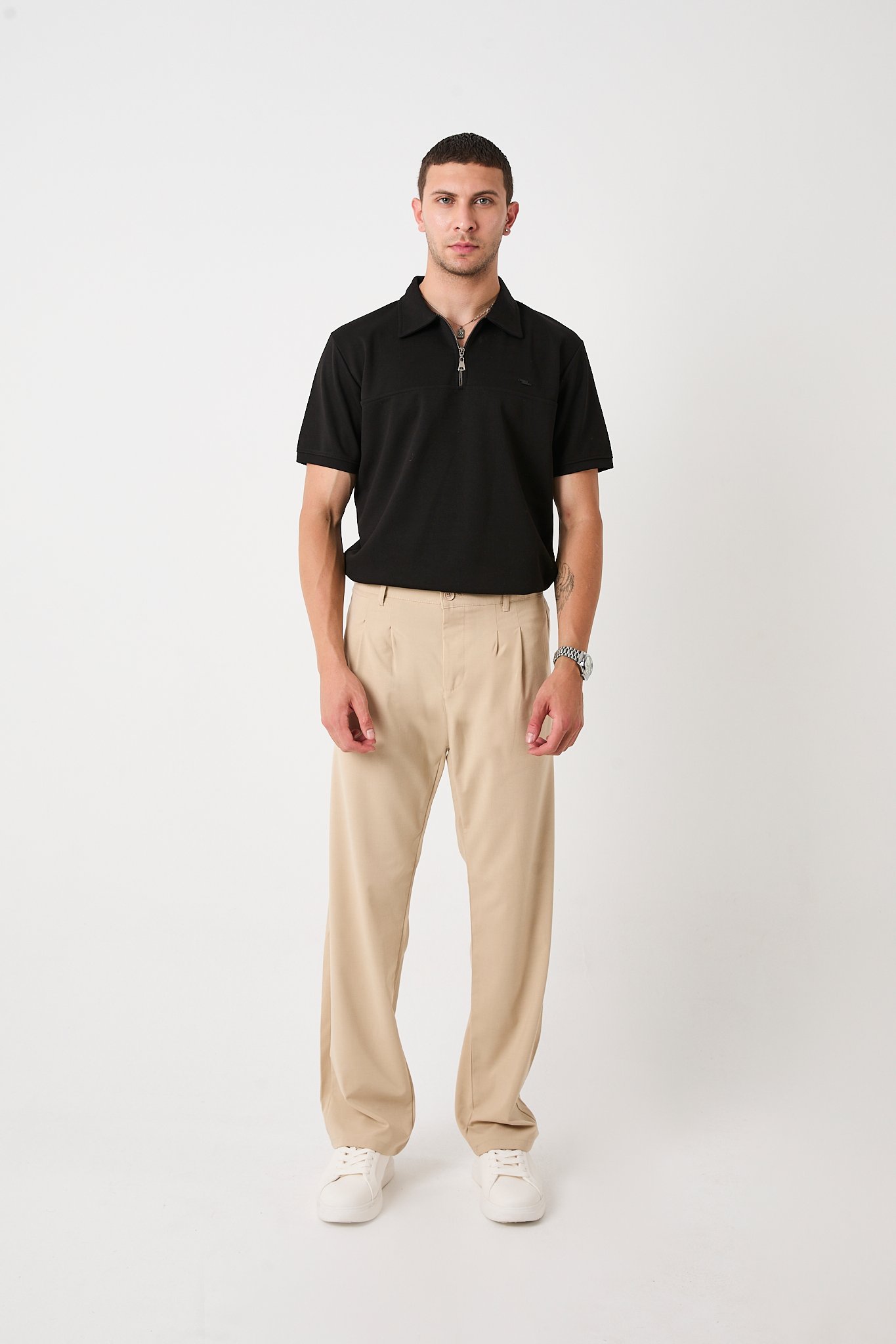 Erkek Baggy Pantolon, Bez Ayağı Kumaş, Çift Pileli Pantolon - krem