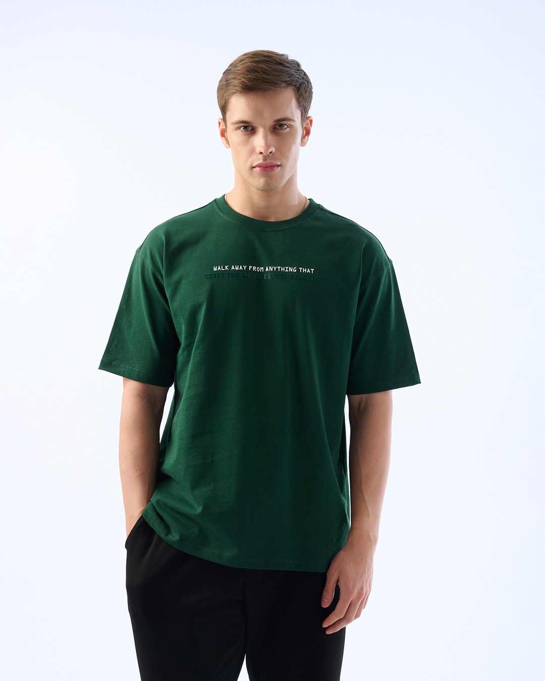 Erkek Oversize Boxyfit Kesim,Yazı Detaylı Baskı, 30/2 Supreme Tişört - Yeşil