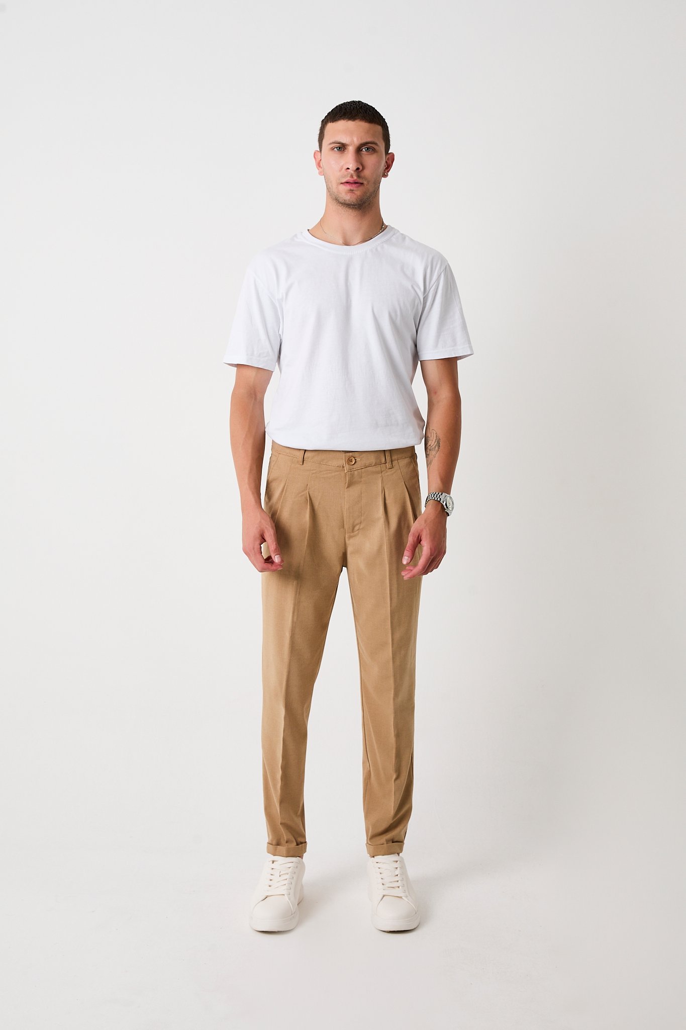 Erkek Slim Fit Pantolon, Bez Ayağı Kumaş, Double Paça Katlamalı - Beji