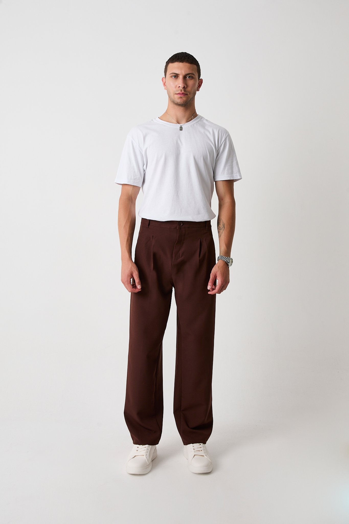 Erkek Çift Pileli Baggy Kesim Pantolon, Double Dokuma - kahve