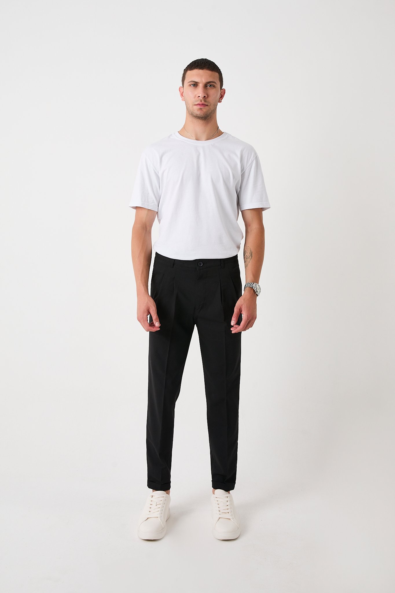 Erkek Slim Fit Pantolon, Bez Ayağı Kumaş, Double Paça Katlamalı - Siyah