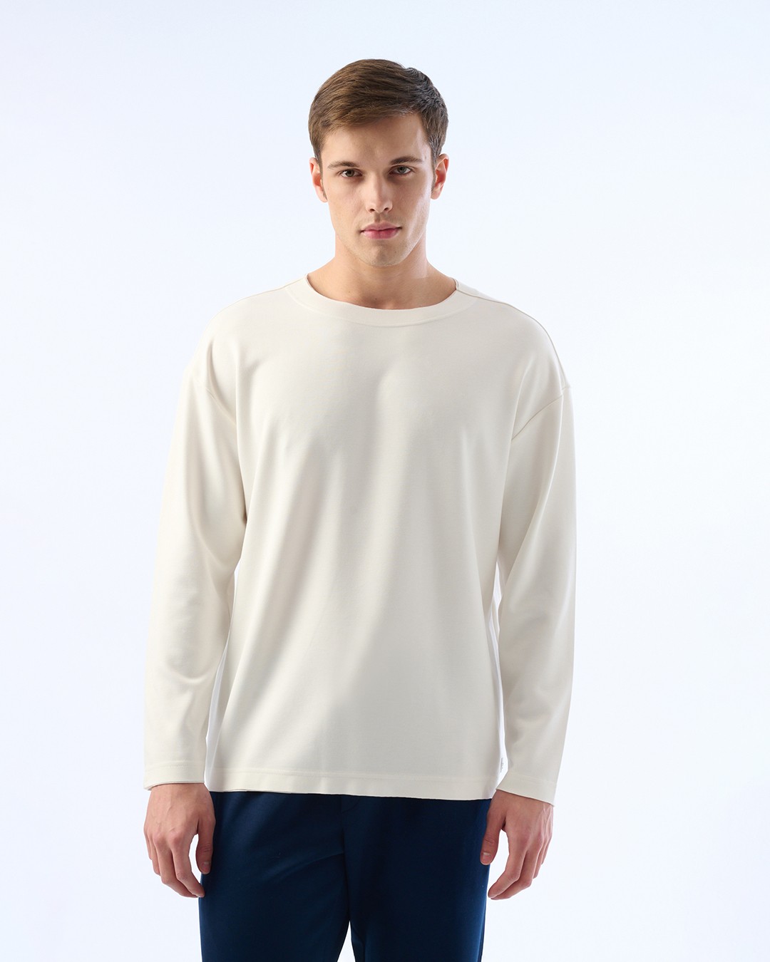 Erkek Oversize Kesim, Bisiklet Yaka, Modal Oysho Kumaş Tişört - beyaz