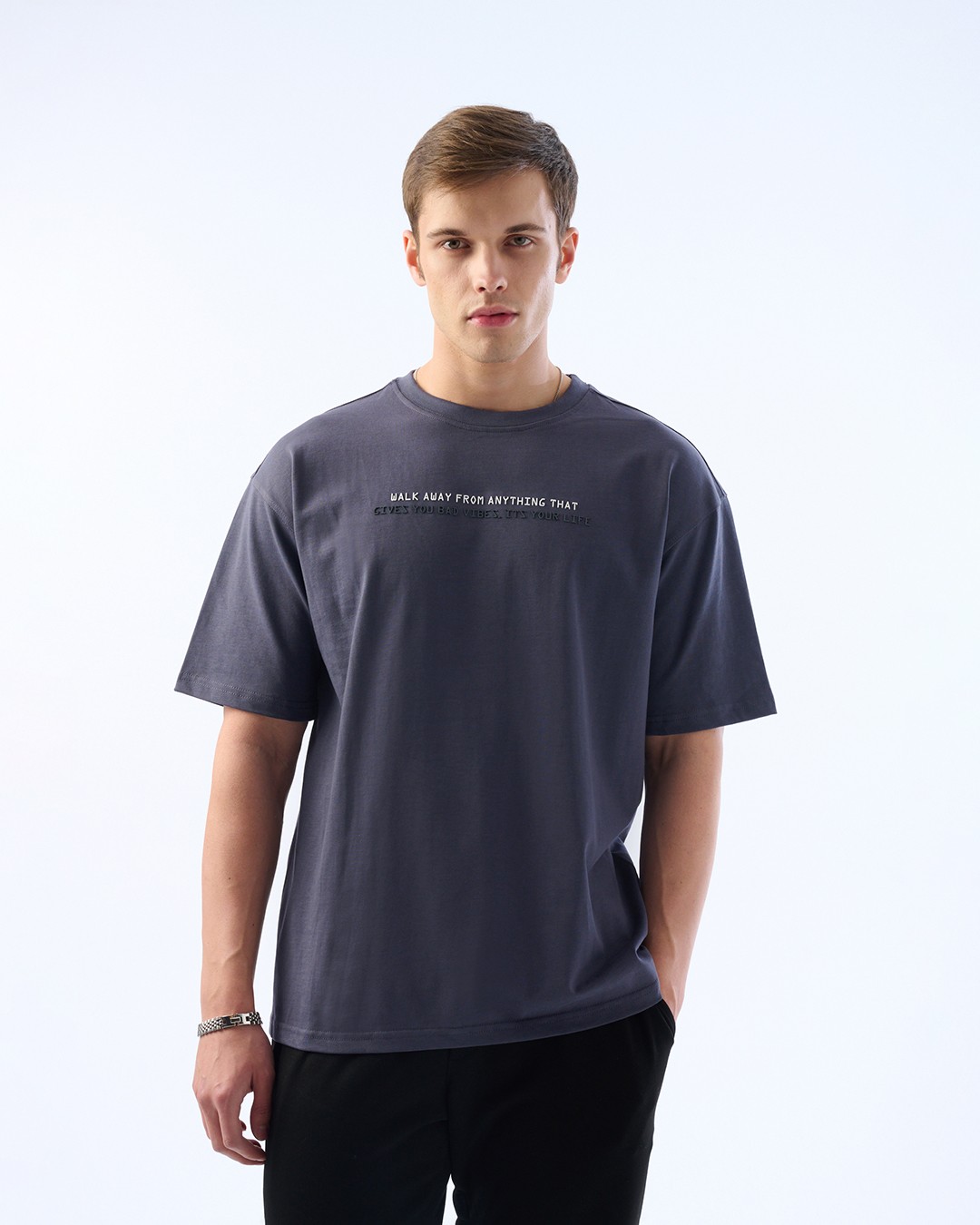 Erkek Oversize Boxyfit Kesim,Yazı Detaylı Baskı, 30/2 Supreme Tişört - antrasit