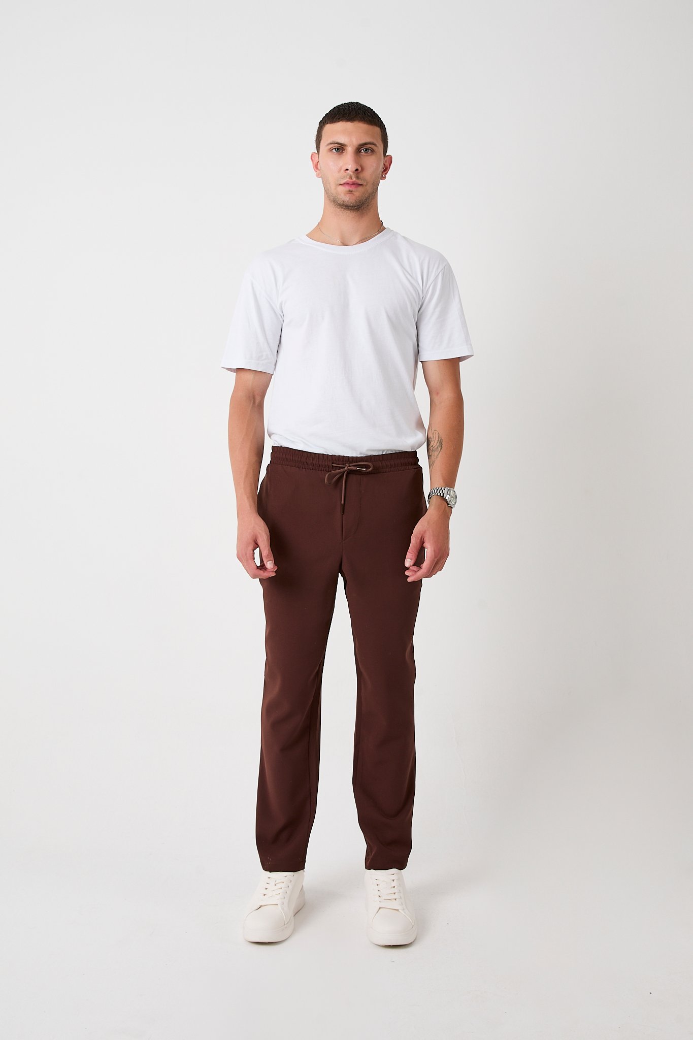 Erkek Regular Kesim Pantolon, Belden Lastik Detaylı, Double Dokuma - kahve