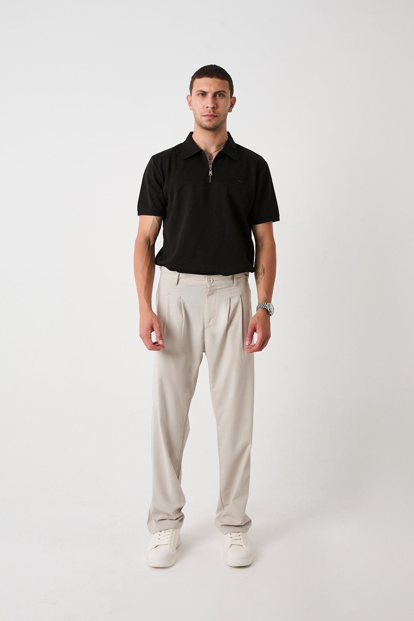 Erkek Baggy Pantolon, Bez Ayağı Kumaş, Çift Pileli Pantolon - Bej