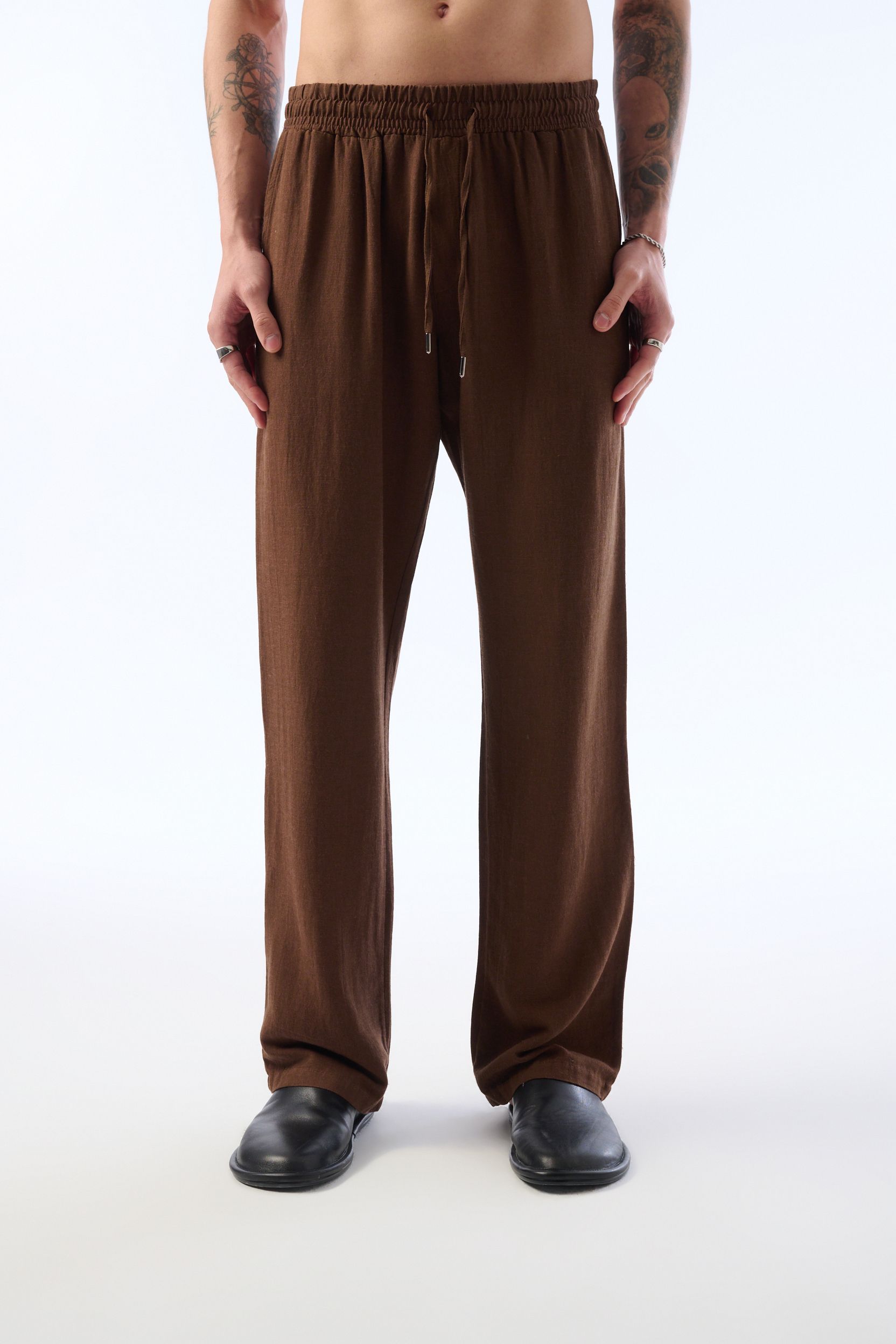  Baggy Kesim Keten Yıkamalı Pantolon - kahve