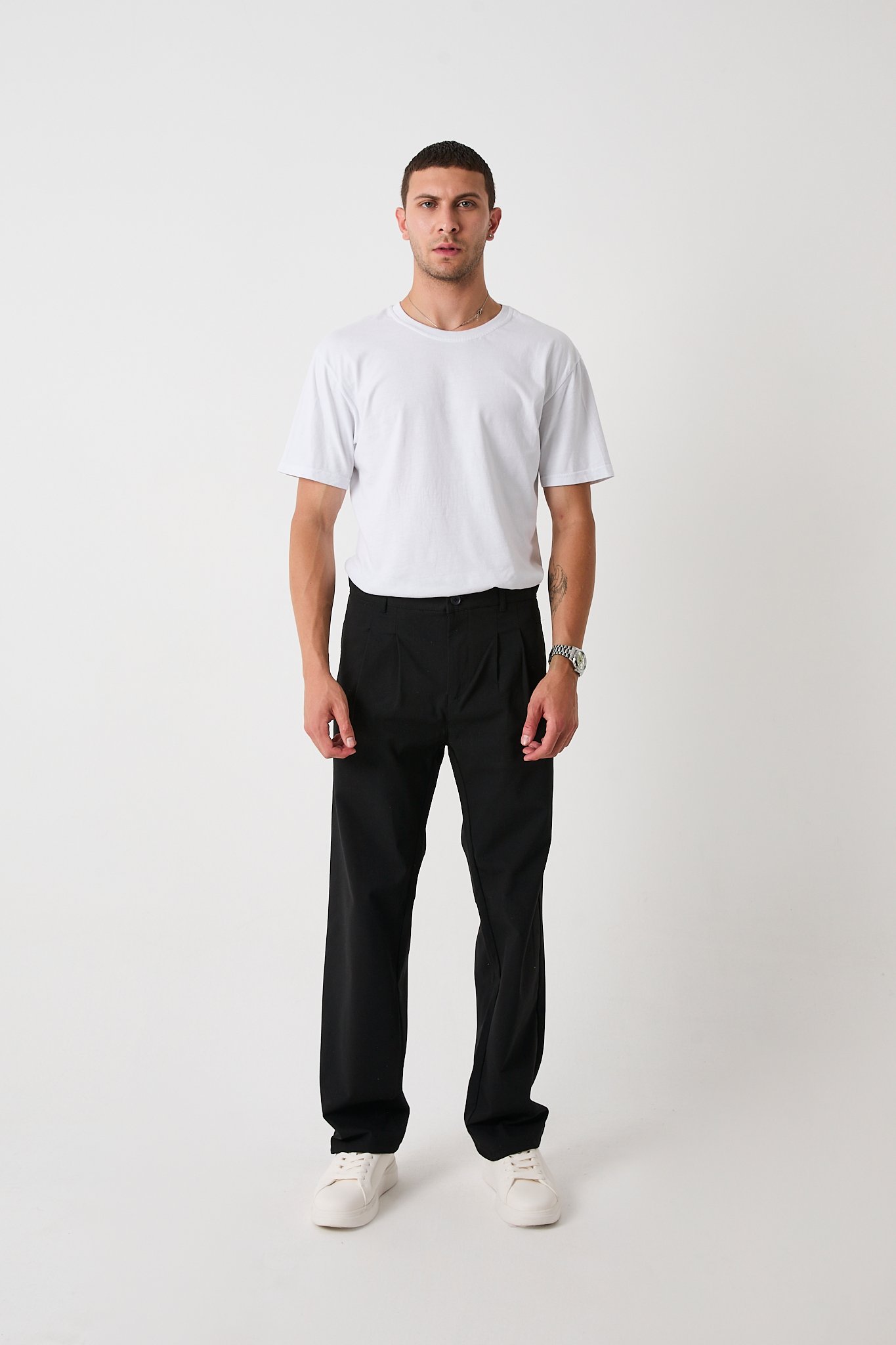 Erkek Baggy Pantolon, Bez Ayağı Kumaş, Çift Pileli Pantolon - Siyah