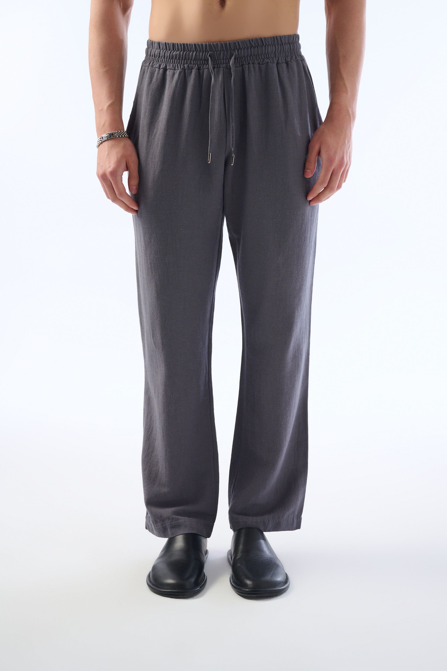  Baggy Kesim Keten Yıkamalı Pantolon - Füme