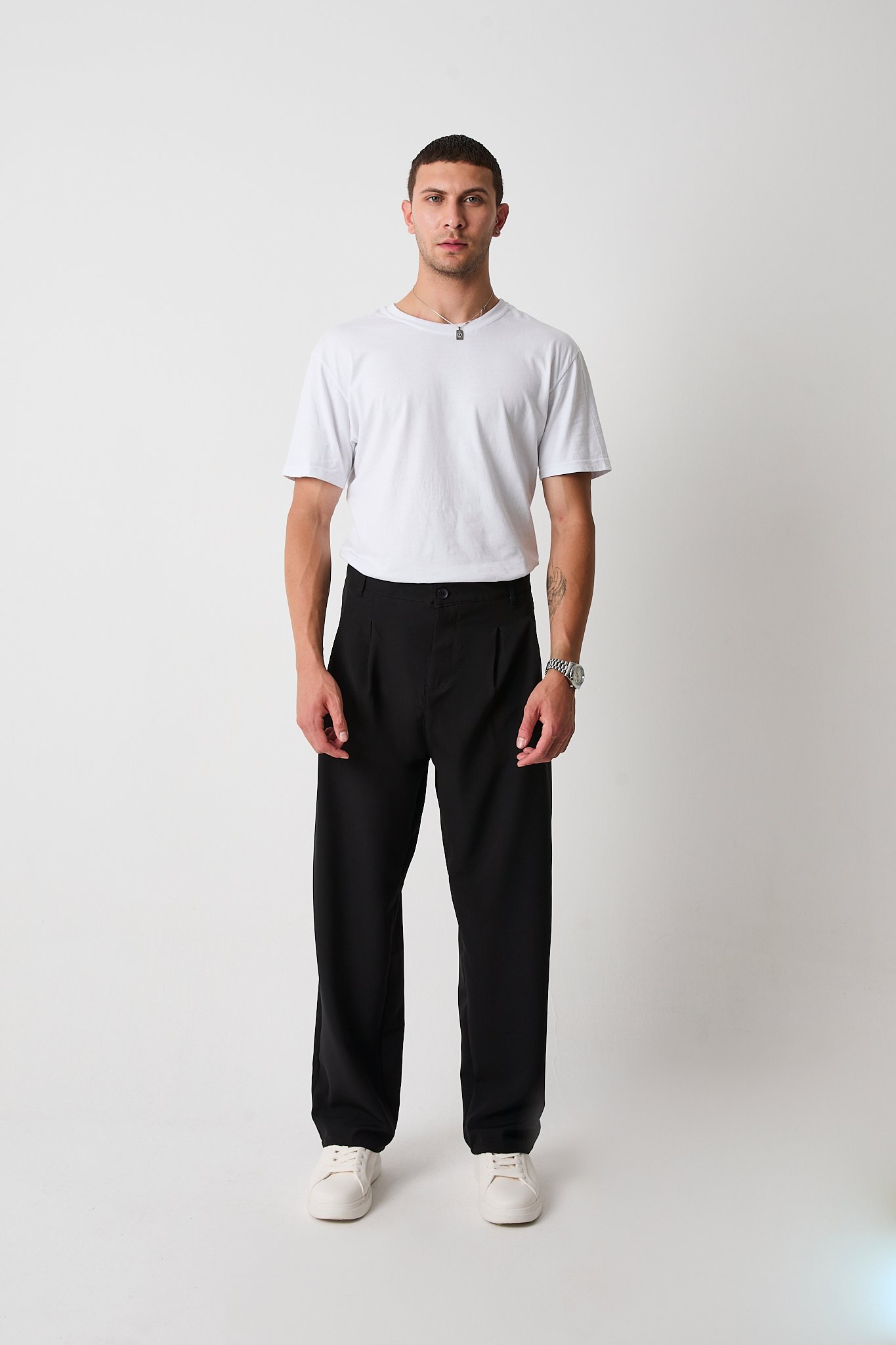 Erkek Çift Pileli Baggy Kesim Pantolon, Double Dokuma - Siyah