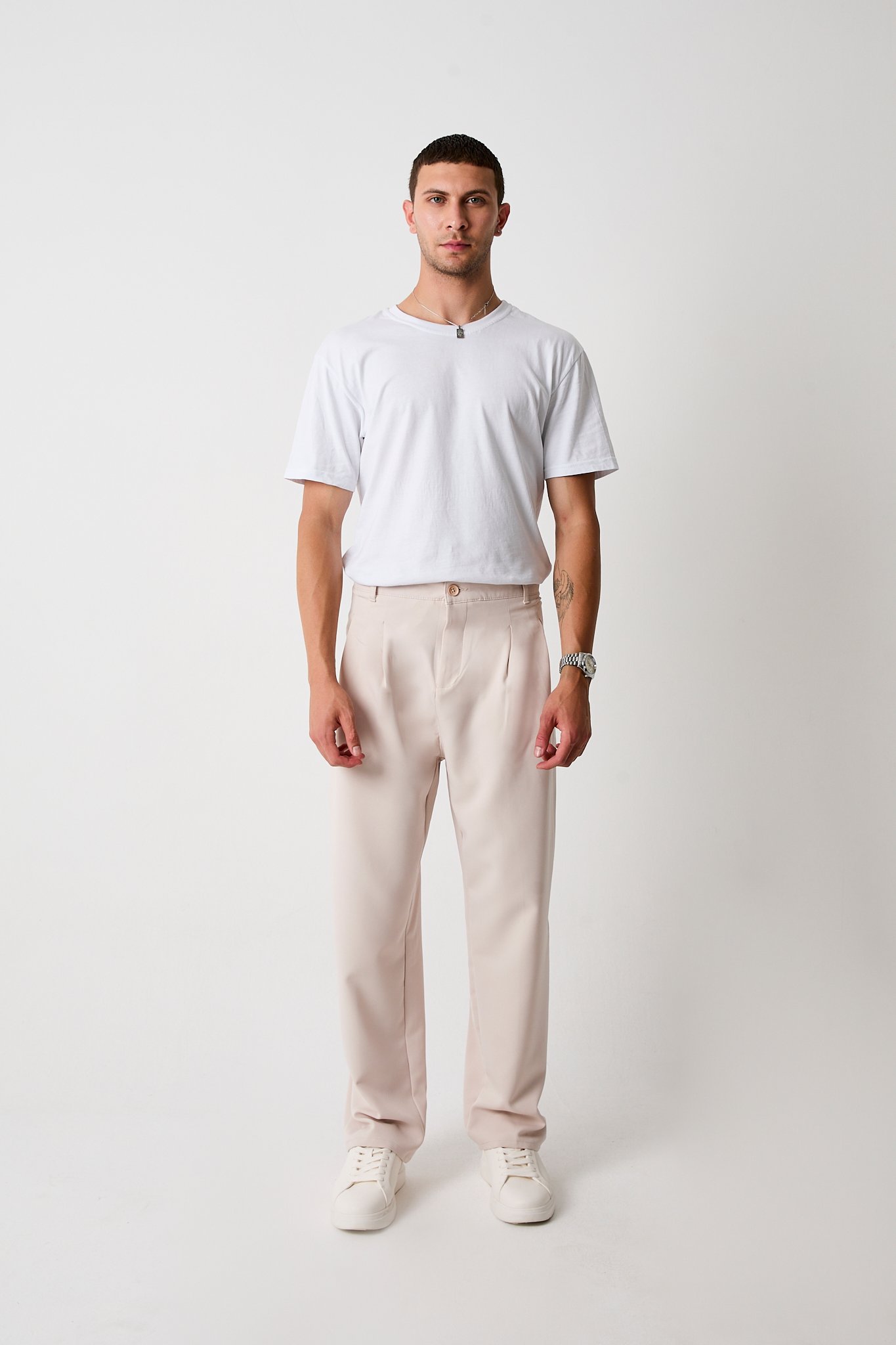 Erkek Çift Pileli Baggy Kesim Pantolon, Double Dokuma - Bej