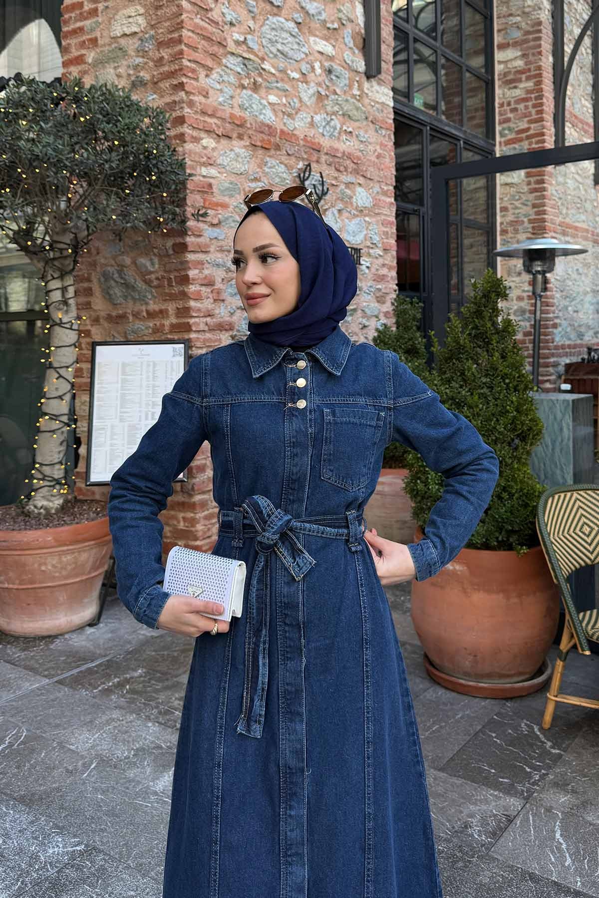 Kuşaklı Kot Elbise 3-00599