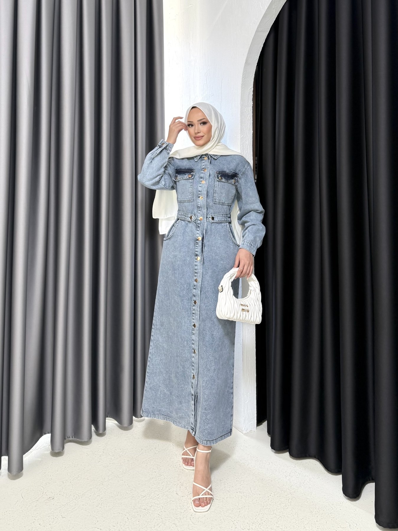 Çıtçıtlı Cepli Denim Elbise 3-0598