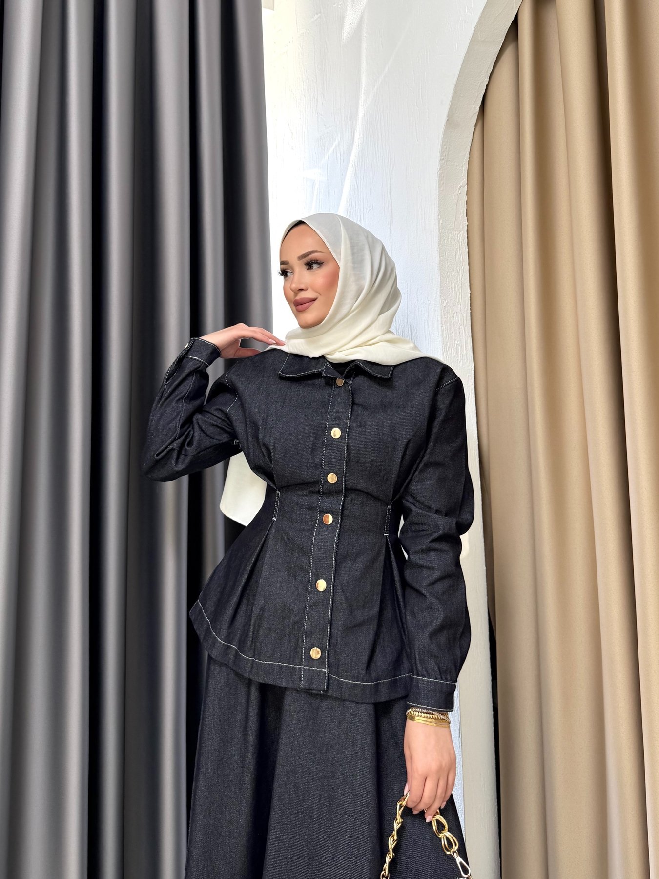 Çıtçıtlı Denim Etekli Takım 3-604