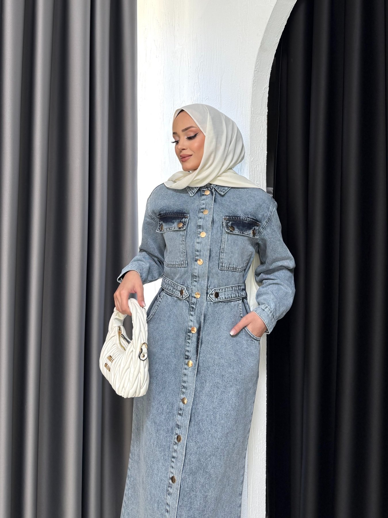 Çıtçıtlı Cepli Denim Elbise 3-0598