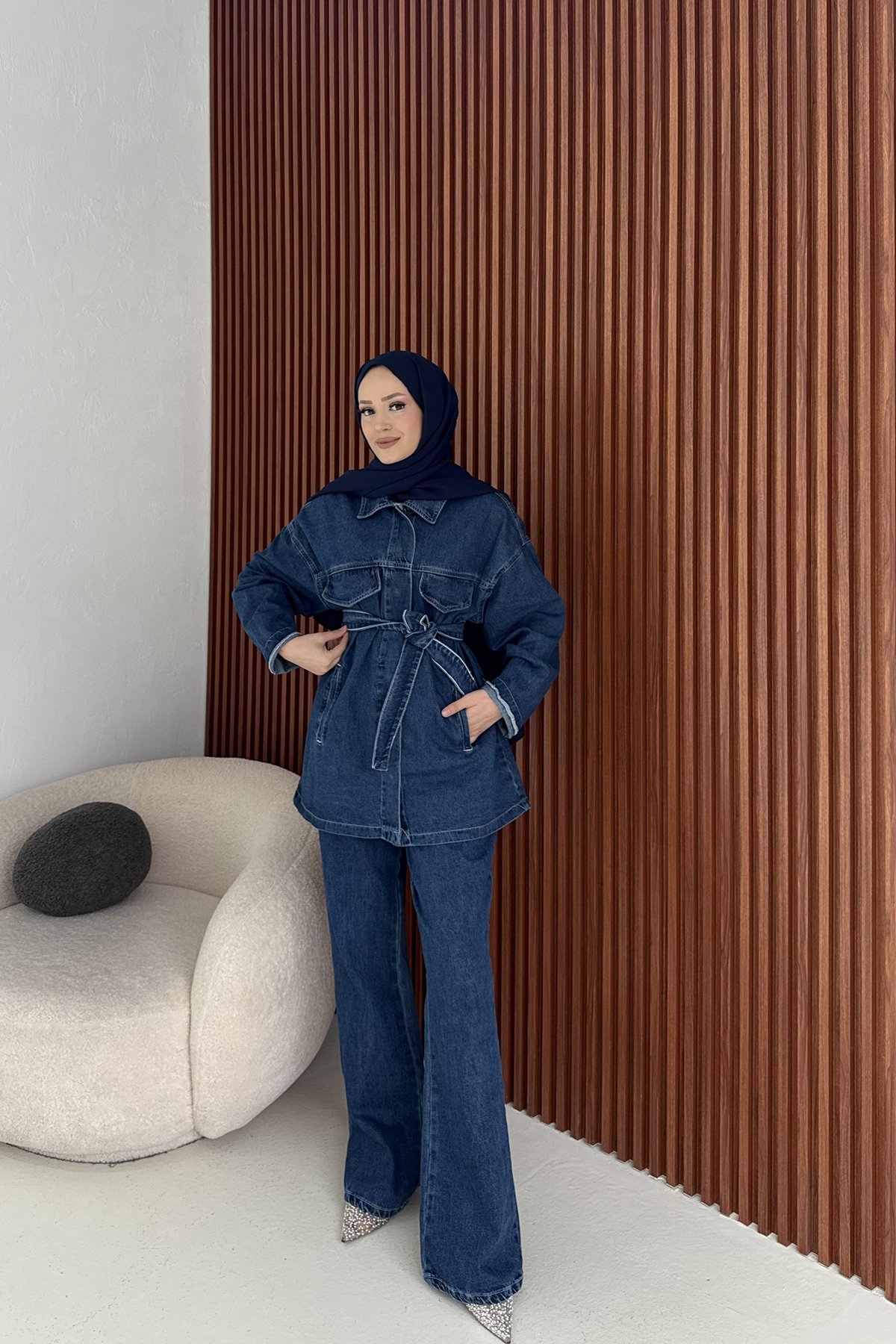Kuşaklı Denim Takım 3-597